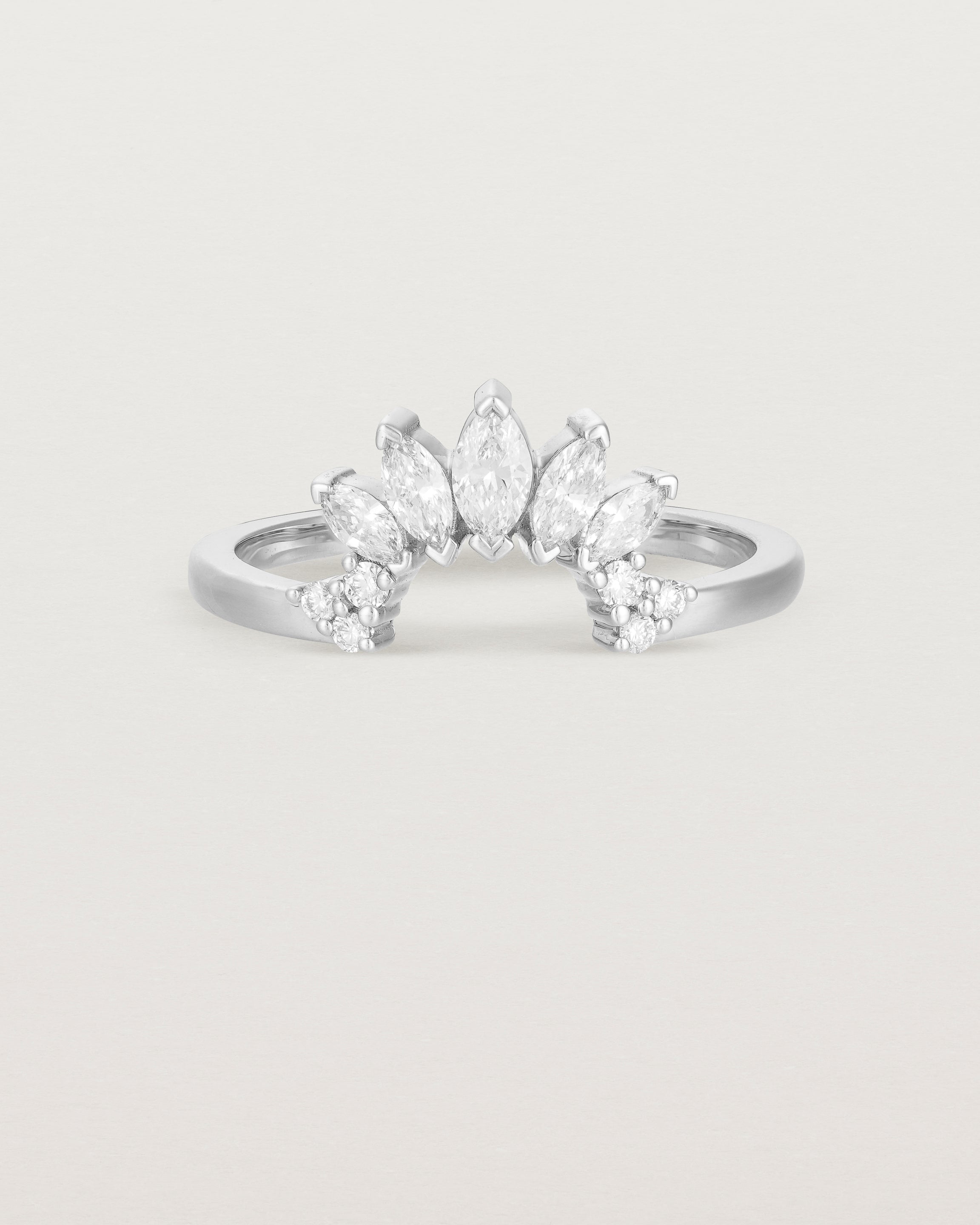 Fit two of a white diamond, sun-beam inspired crown ring crafted in white gold