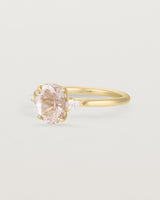 The side view of An oval morganite adorned with white diamonds either side, featuring a sweeping setting and crafted in yellow gold