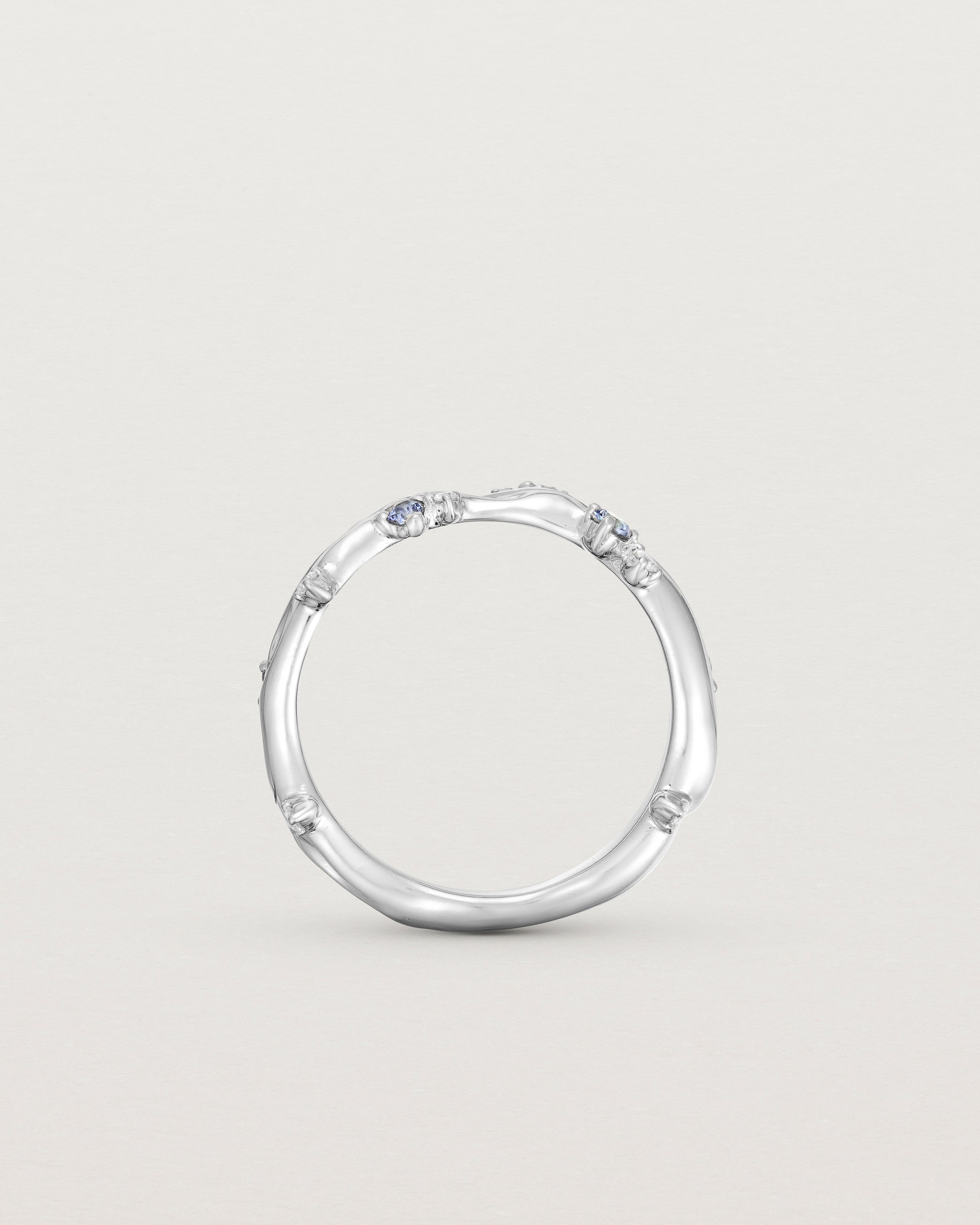 Standing image of the Ember ring in white gold featuring a scattering of white diamonds and blue sapphires.