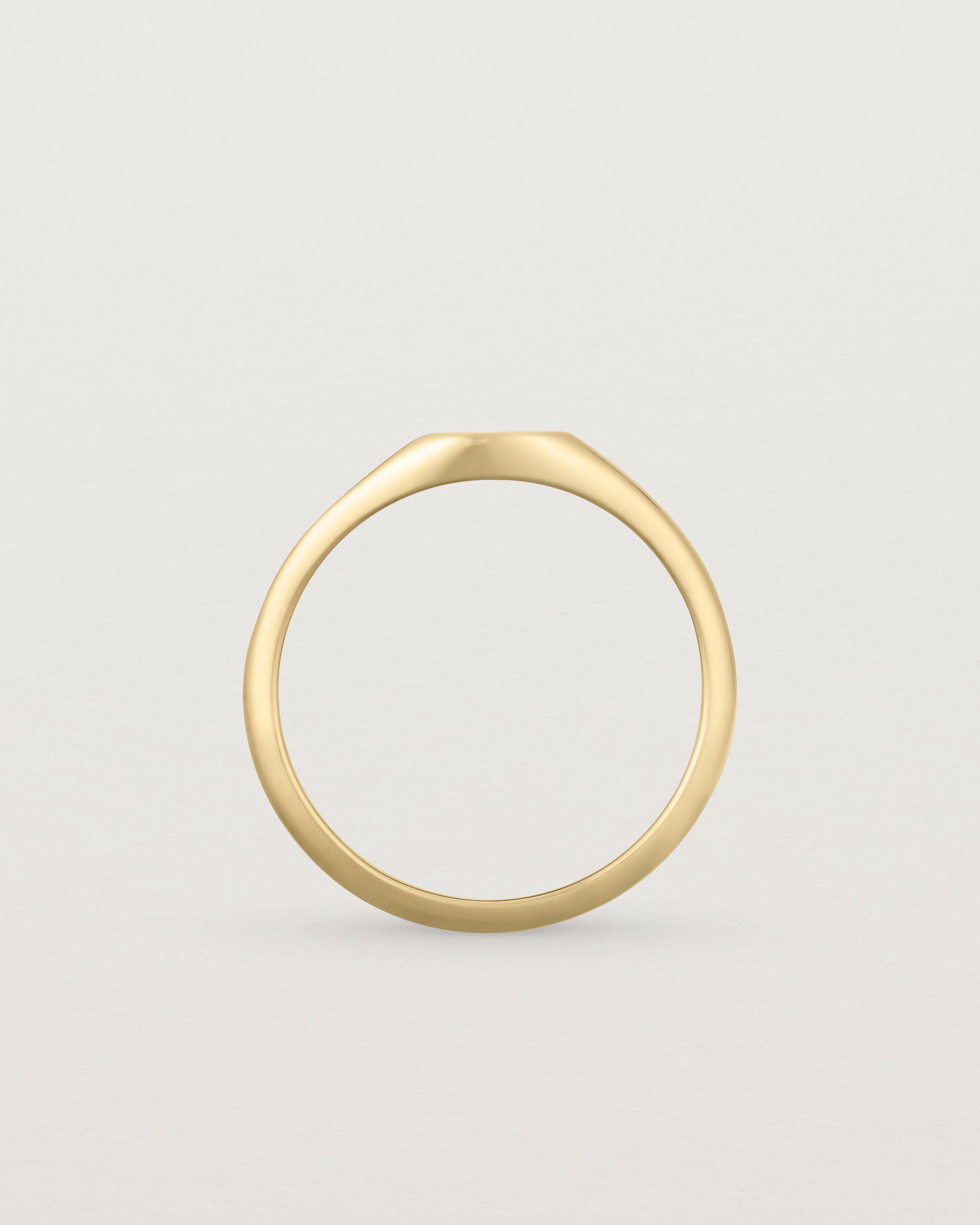 Standing view of a simple signet with an elongated rectangular face in yellow gold