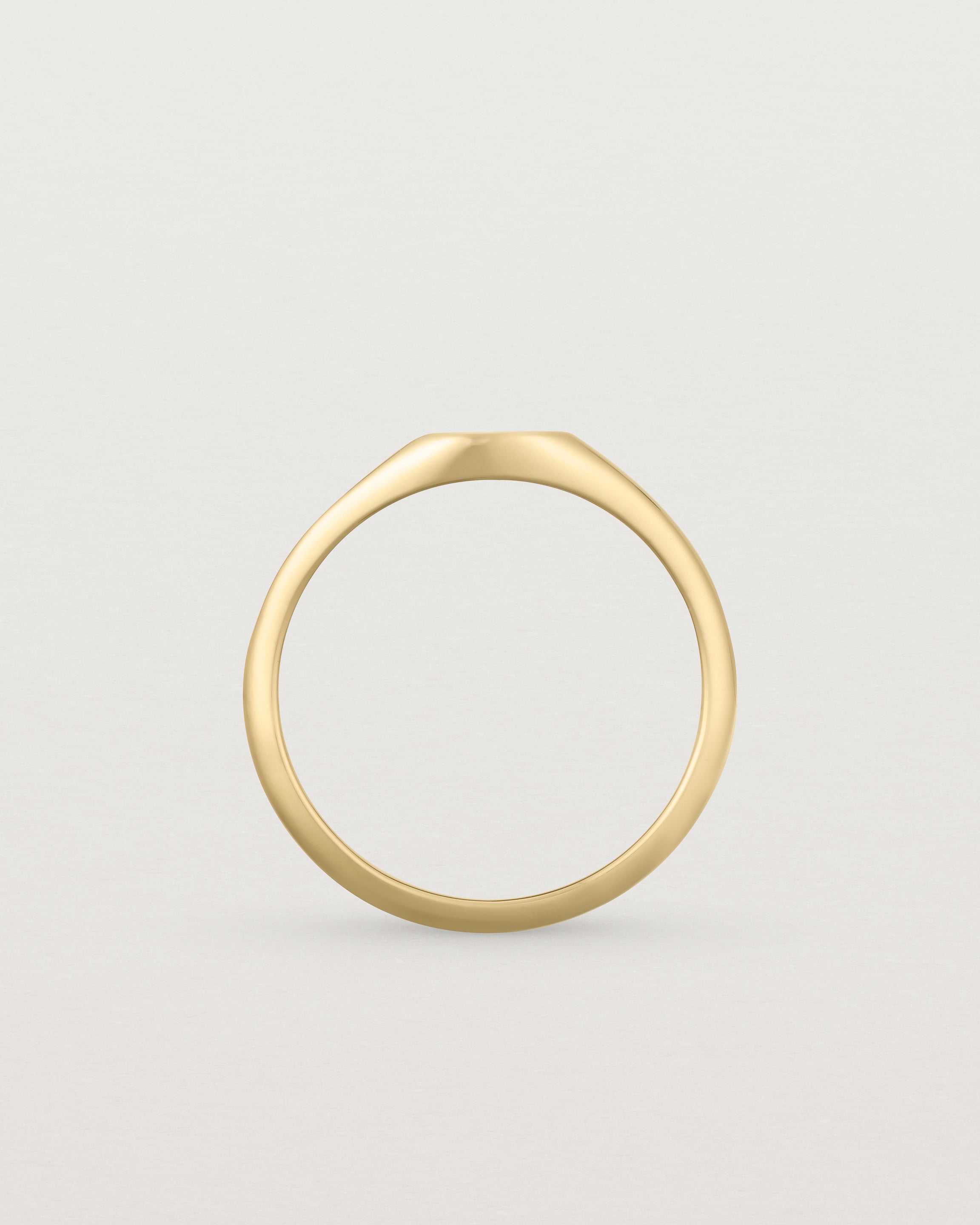 Standing view of a simple signet with an elongated rectangular face in yellow gold