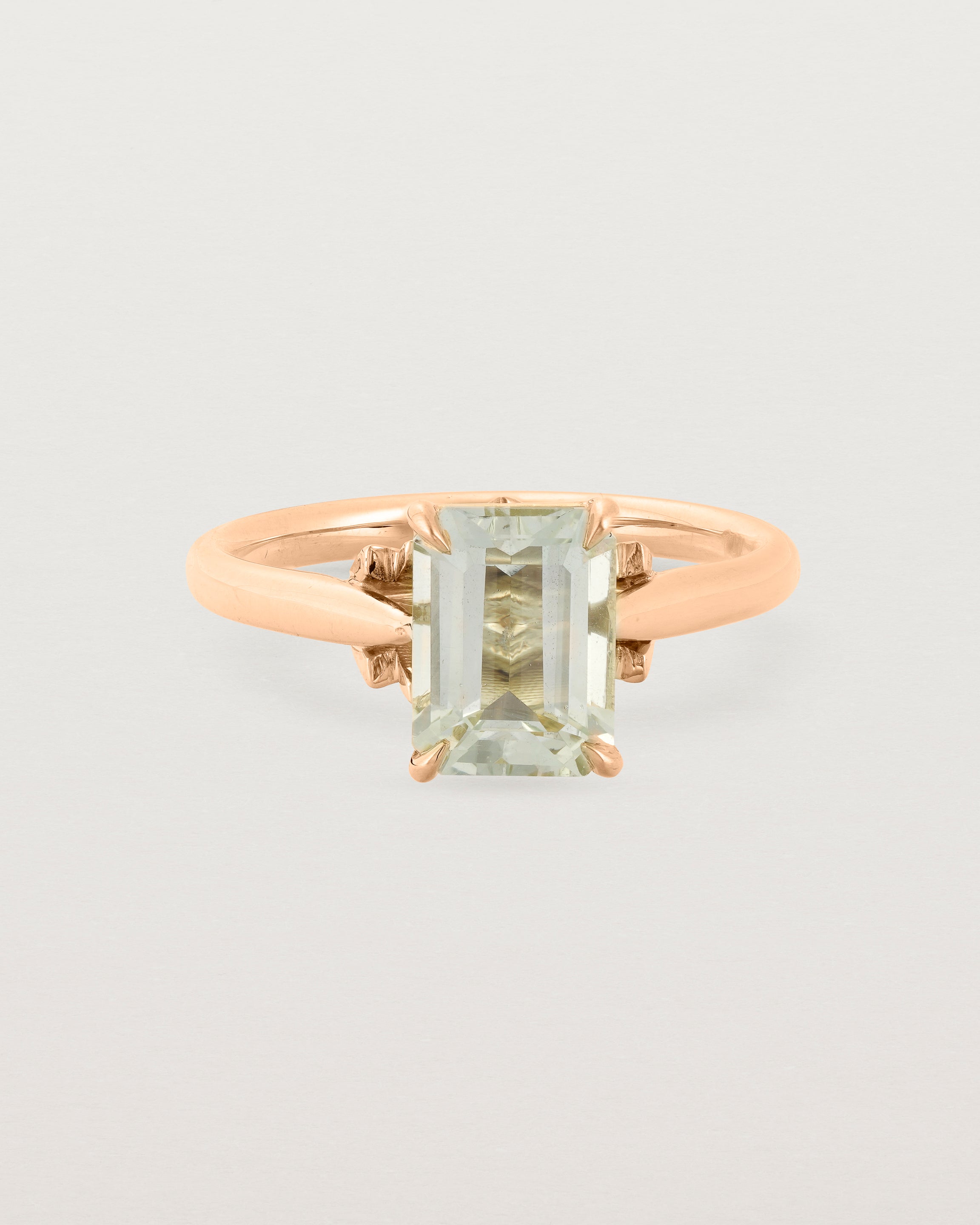 Front view of the Kalina Emerald Solitaire | Green Amethyst | Rose Gold.