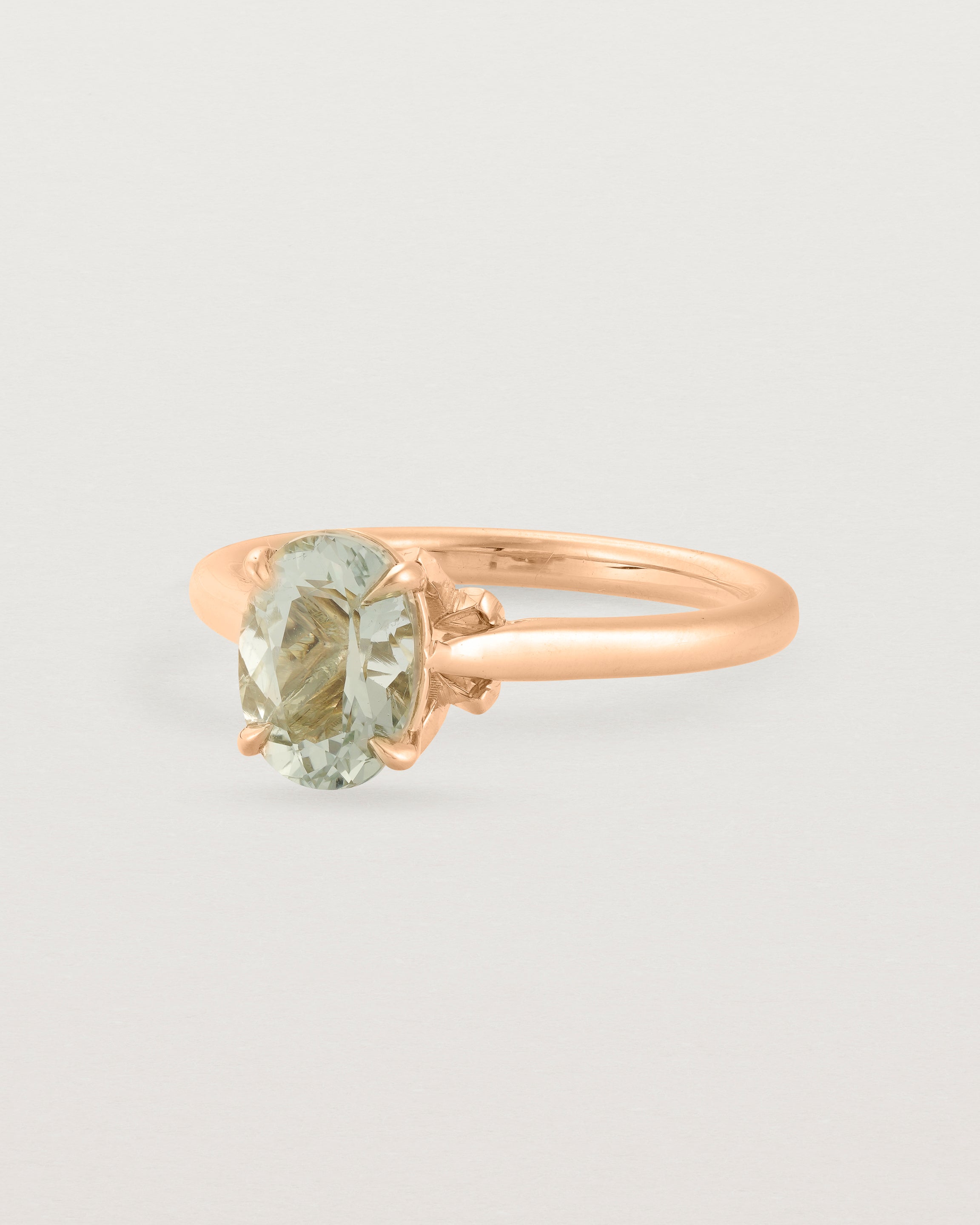 Angled view of the Kalina Oval Solitaire | Green Amethyst | Rose Gold.