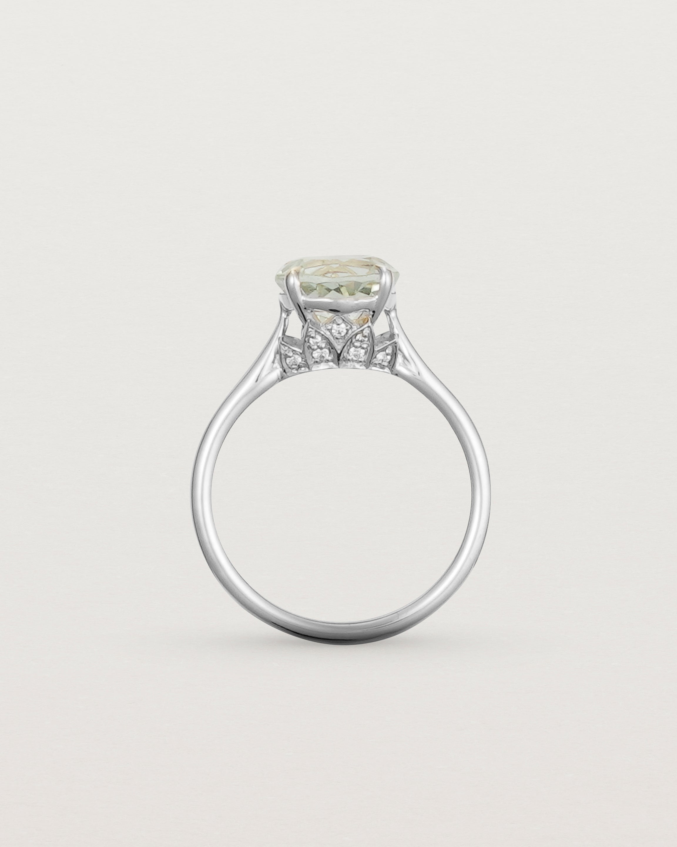 Standing view of the Kalina Round Solitaire | Green Amethyst | White Gold.