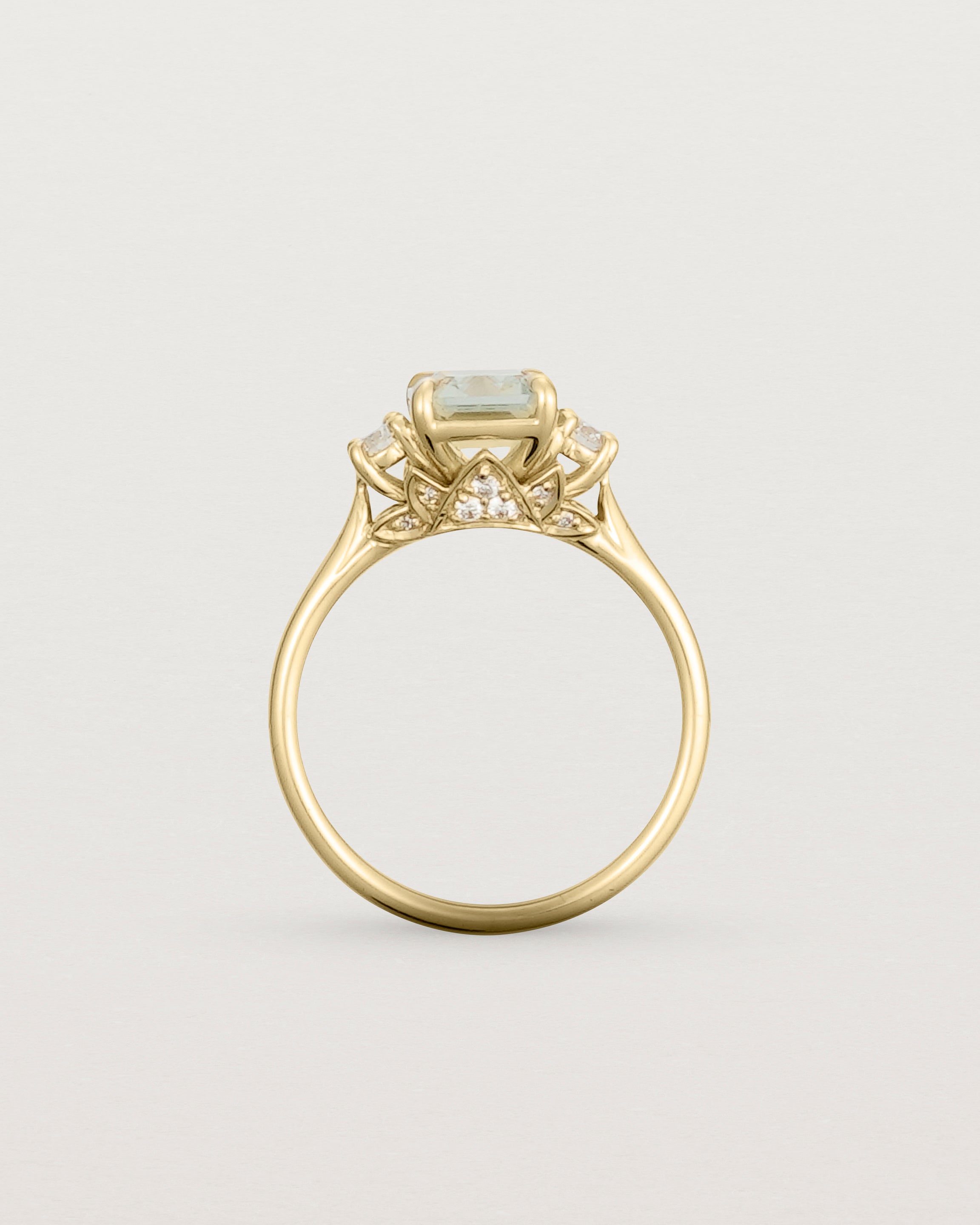 Standing view of the Laurel Emerald Trio Ring | Green Amethyst | Yellow Gold.