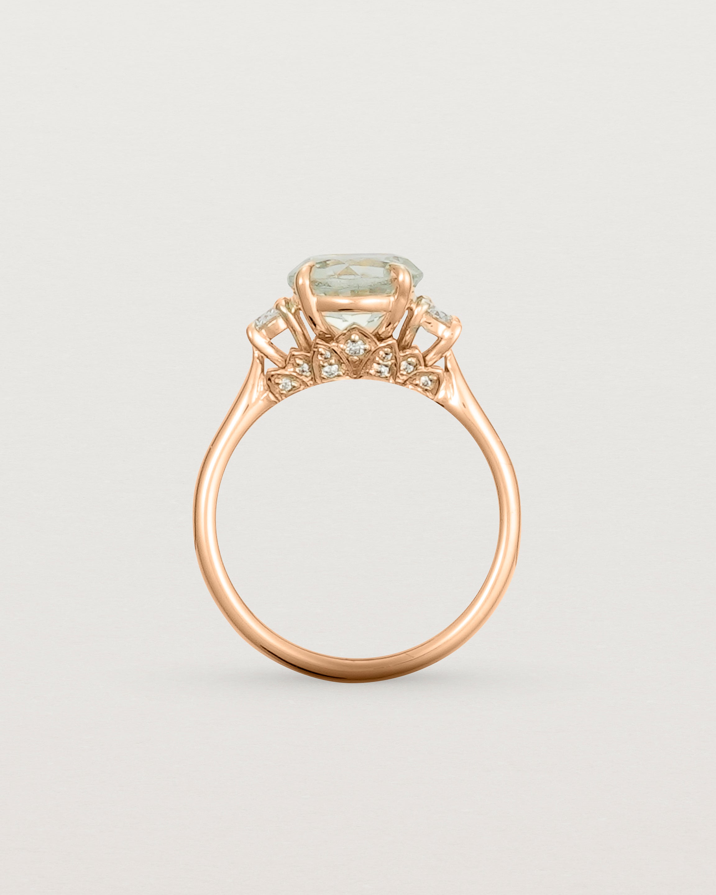 Standing view of the Laurel Round Trio Ring | Green Amethyst | Rose Gold.