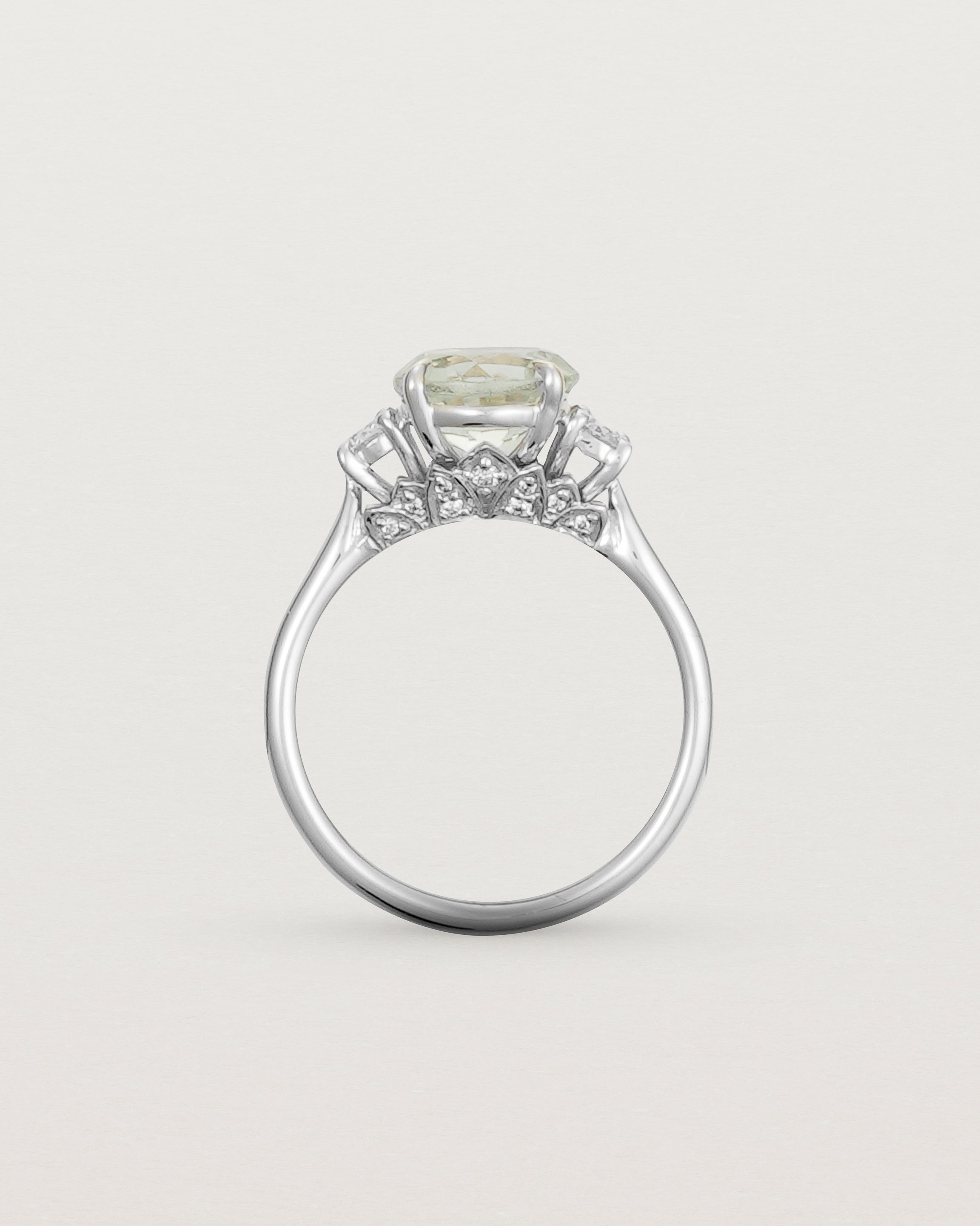 Standing view of the Laurel Round Trio Ring | Green Amethyst | White Gold.