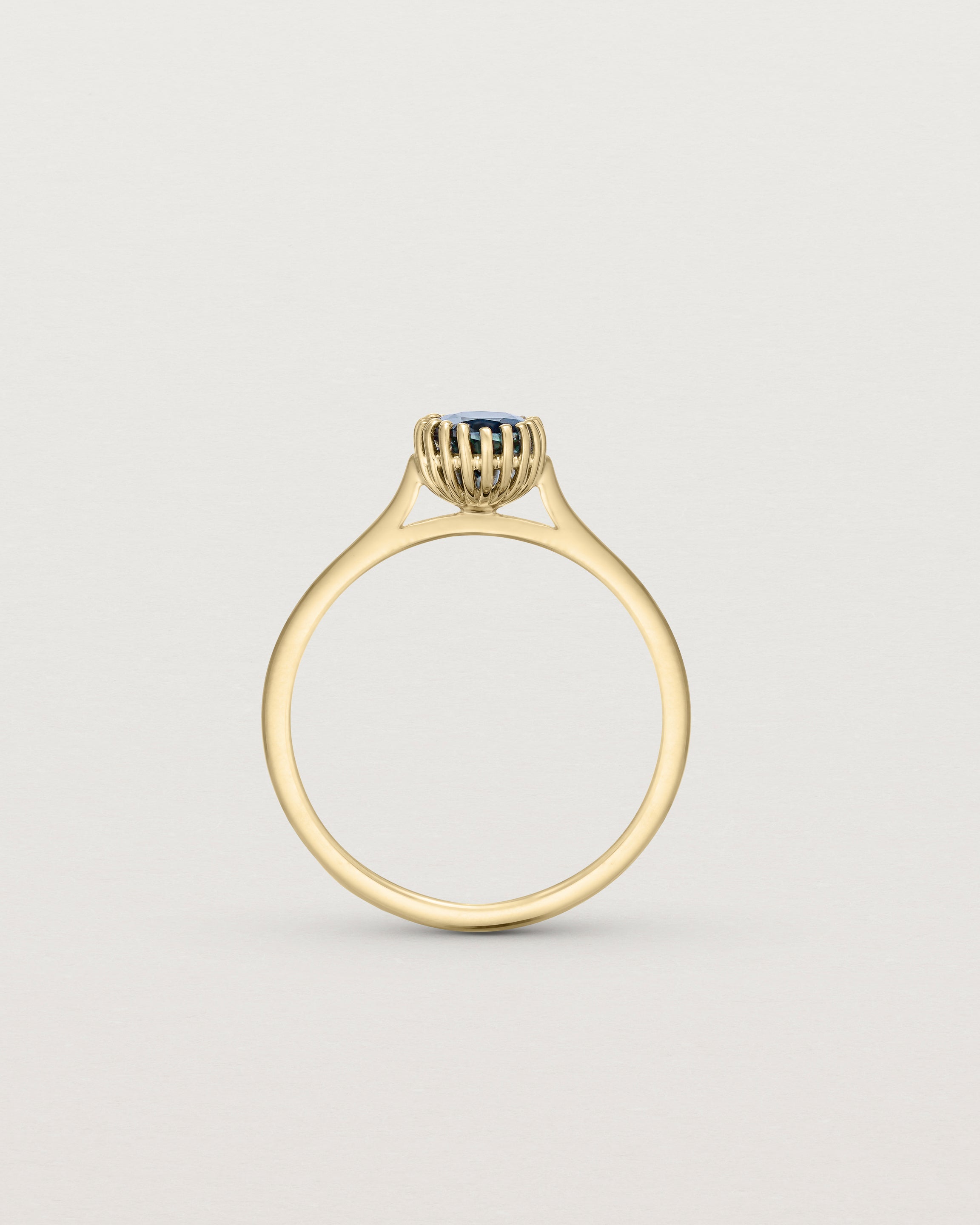 Standing view of the Meroë Oval Solitaire | Australian Sapphire in yellow gold.