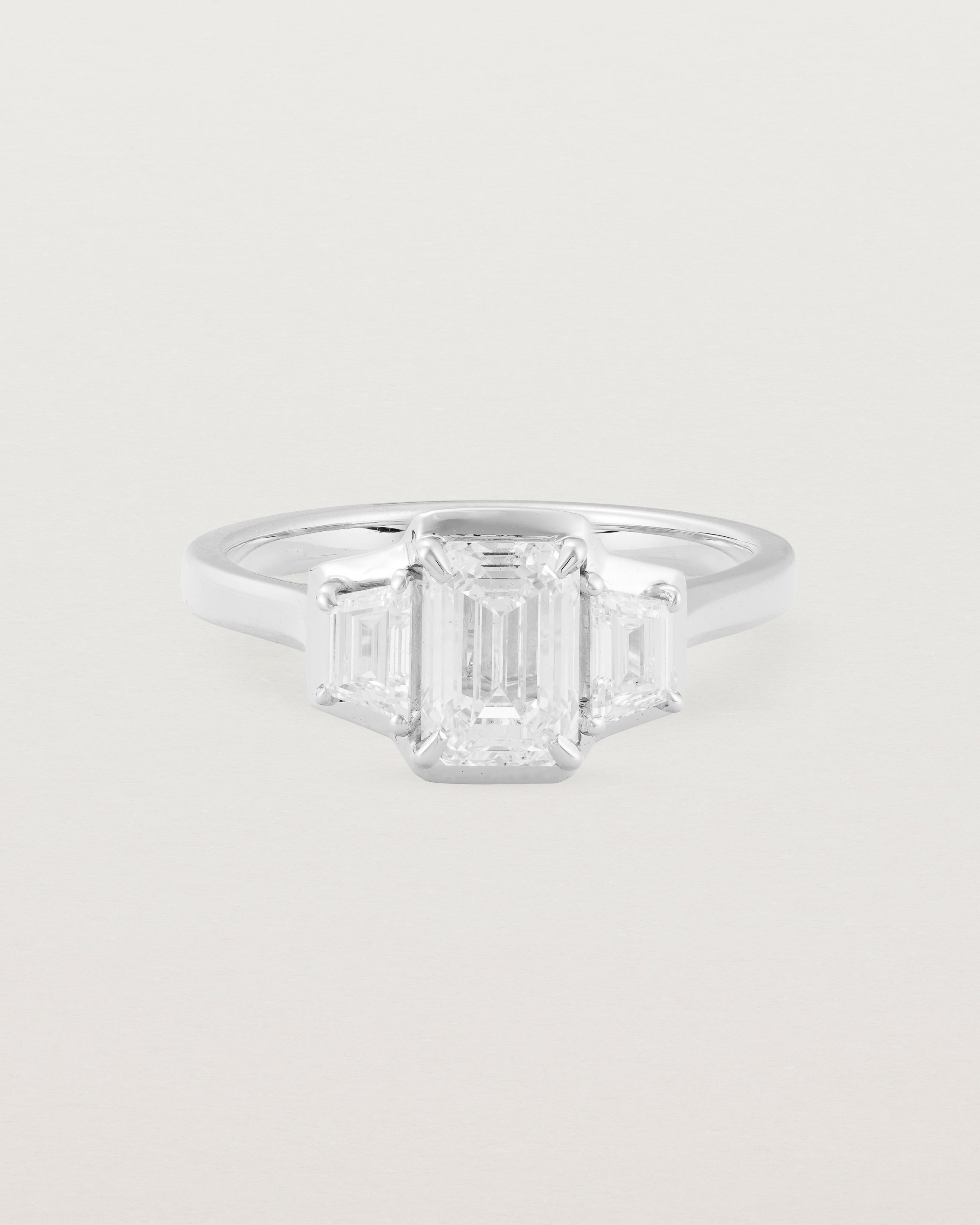 Front view of the Mila Emerald and Trapezoid Cut Trio | Diamonds | White Gold.