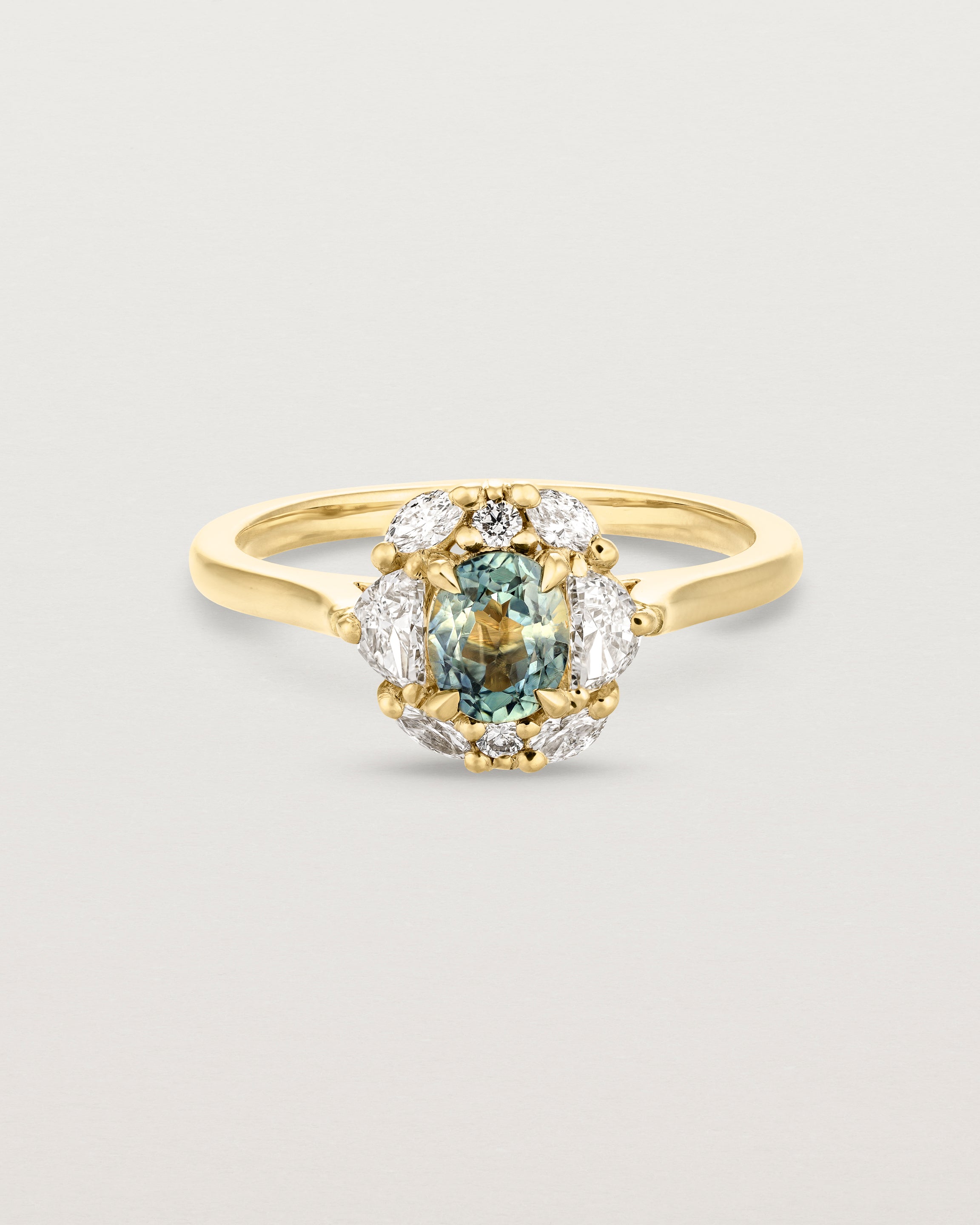 Front view of the Mathilde Vintage Halo Ring | Sapphire & Diamonds.