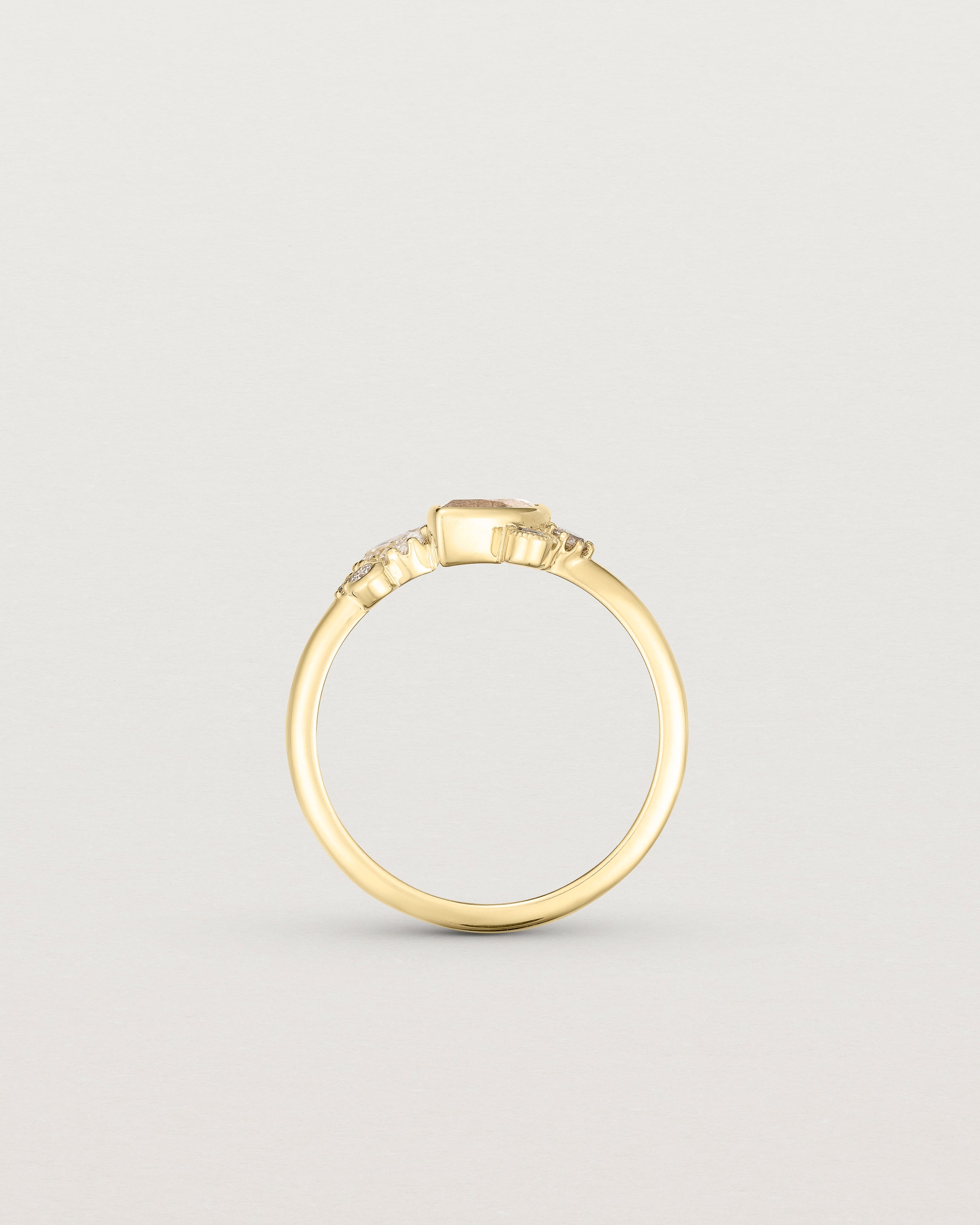 Product image of a yellow gold engagement ring with a rutilated quartz and diamonds, standing view.