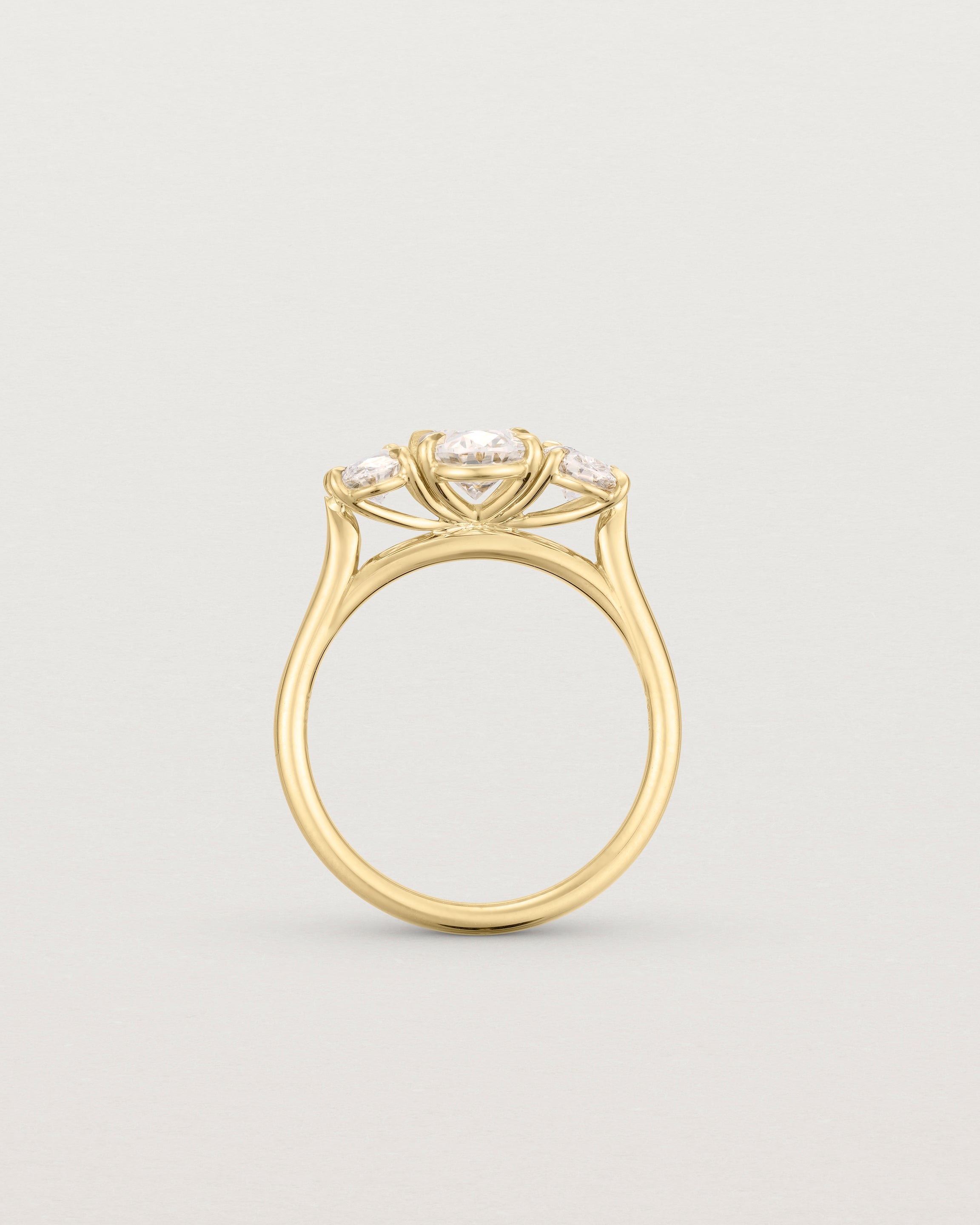 Standing view of the Kahlia Trio Ring | Laboratory Grown Diamonds in yellow gold.