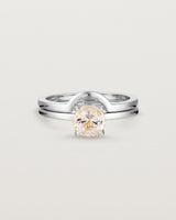 Front view of the Petite Una Round Solitaire | Morganite | White Gold stacked with the Cecile Crown Ring. 