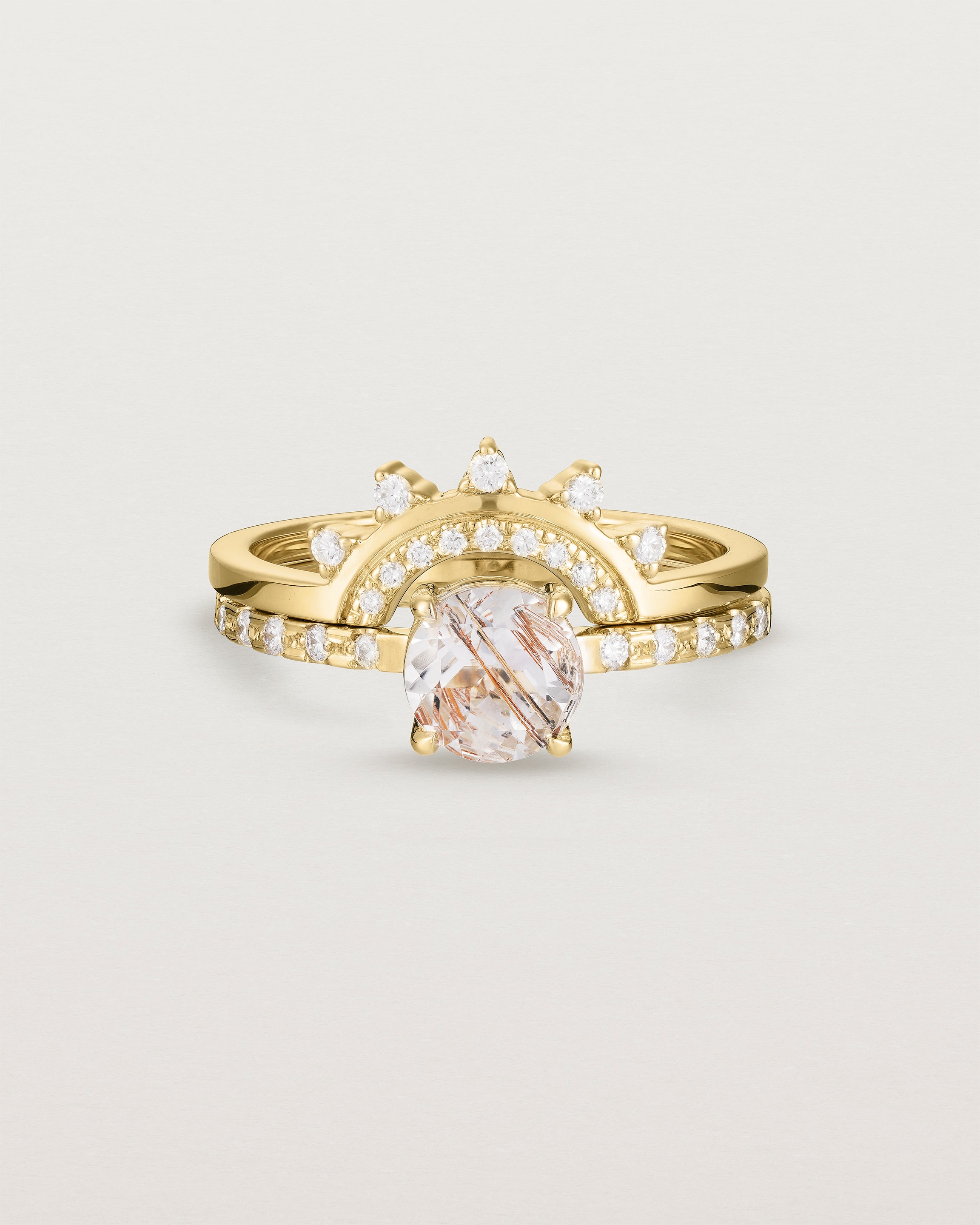 Front view of the Petite Una Round Solitaire | Rutilated Quartz stacked Adeline Crown Ring | Diamonds in Yellow Gold.