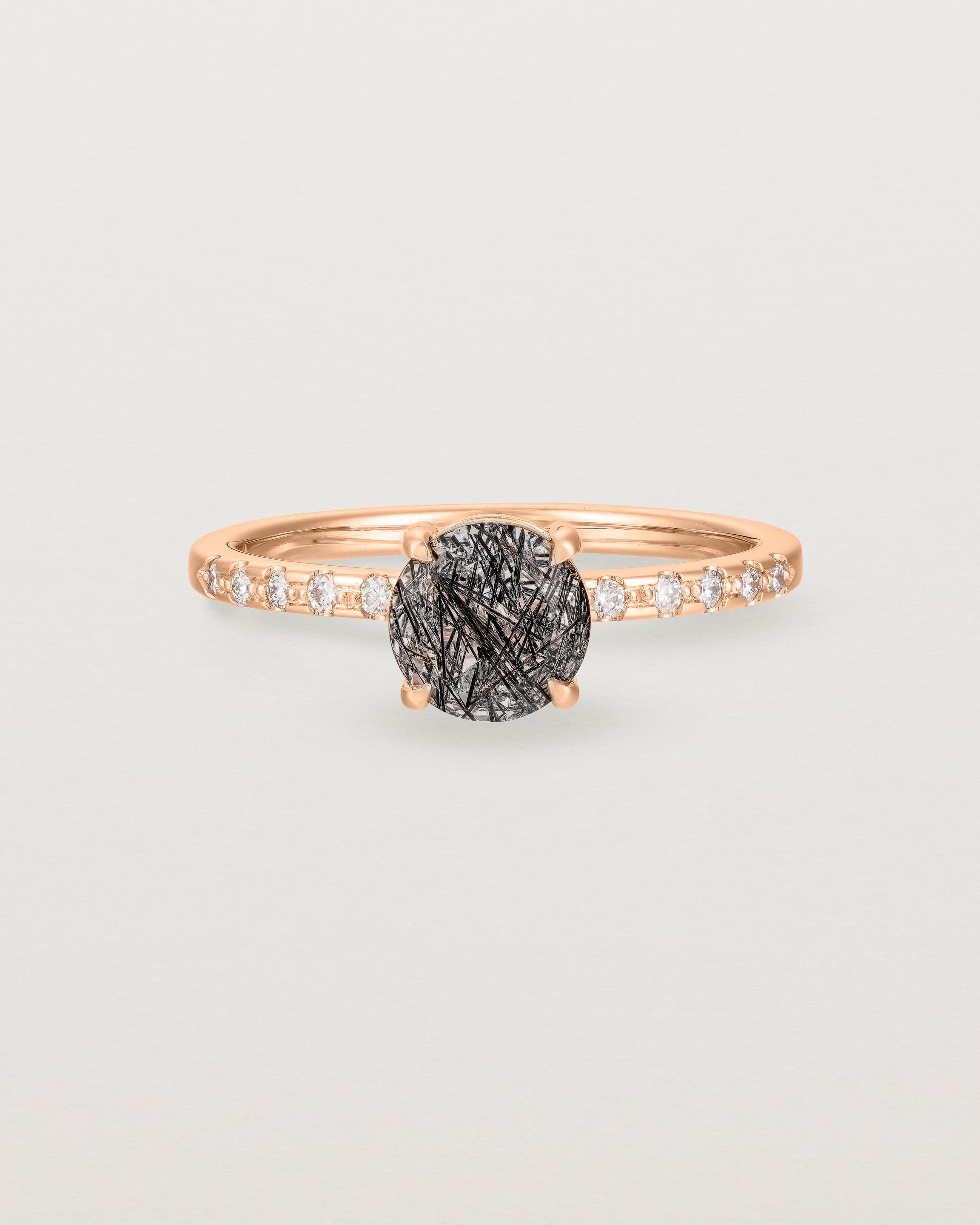Front view of the Petite Una Round Solitaire | Tourmalinated Quartz | Rose Gold with Cascade Shoulders.