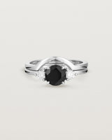 Front view of the Petite Una Round Trio Ring | Black Spinel & Diamonds | White Gold stacked with the Cecile Crown Ring.