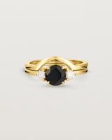 Front view of the Petite Una Round Trio Ring | Black Spinel & Diamonds | Yellow Gold stacked with the Cecile Crown Ring.