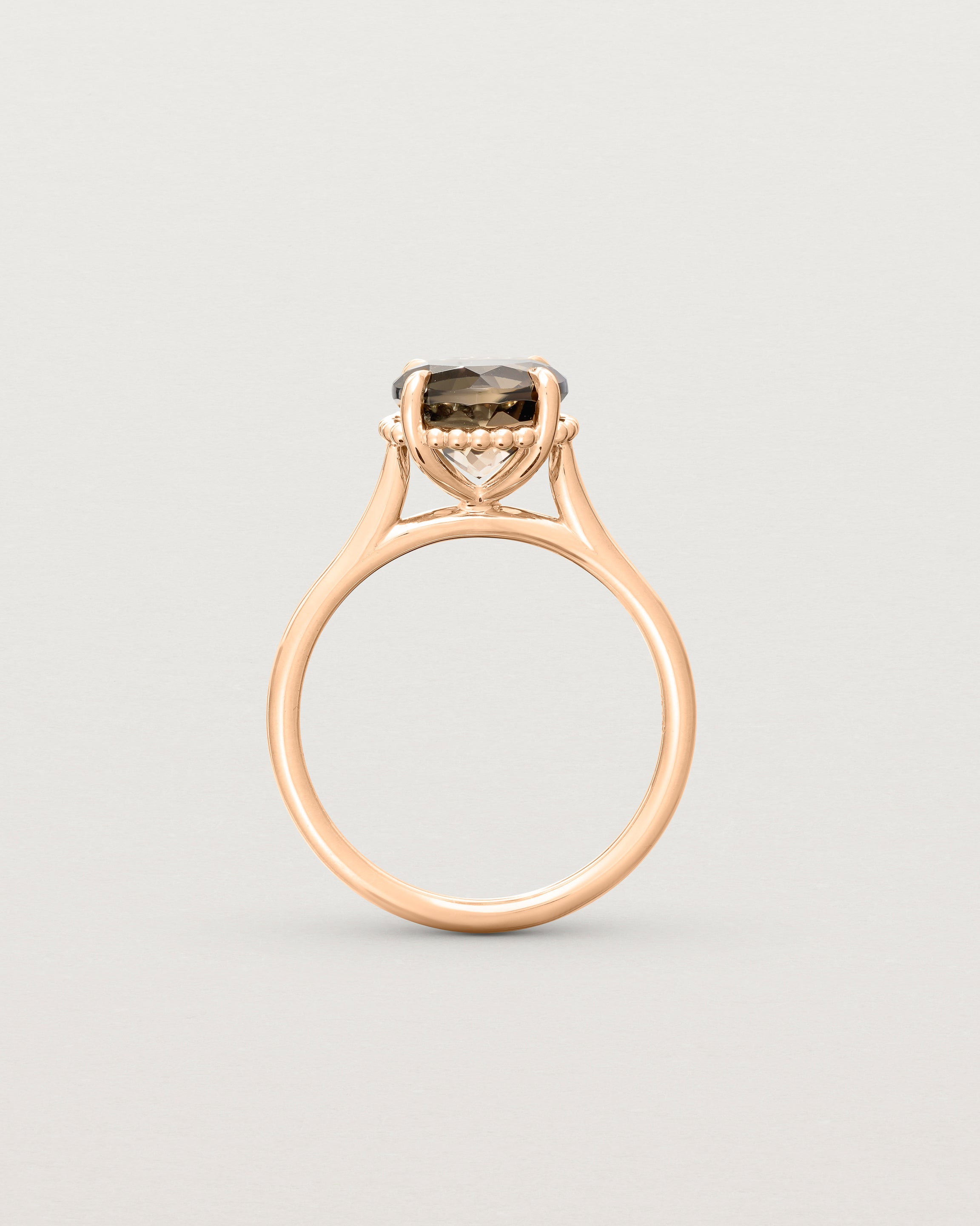 Standing view of the Thea Round Solitaire | Smokey Quartz in rose gold.