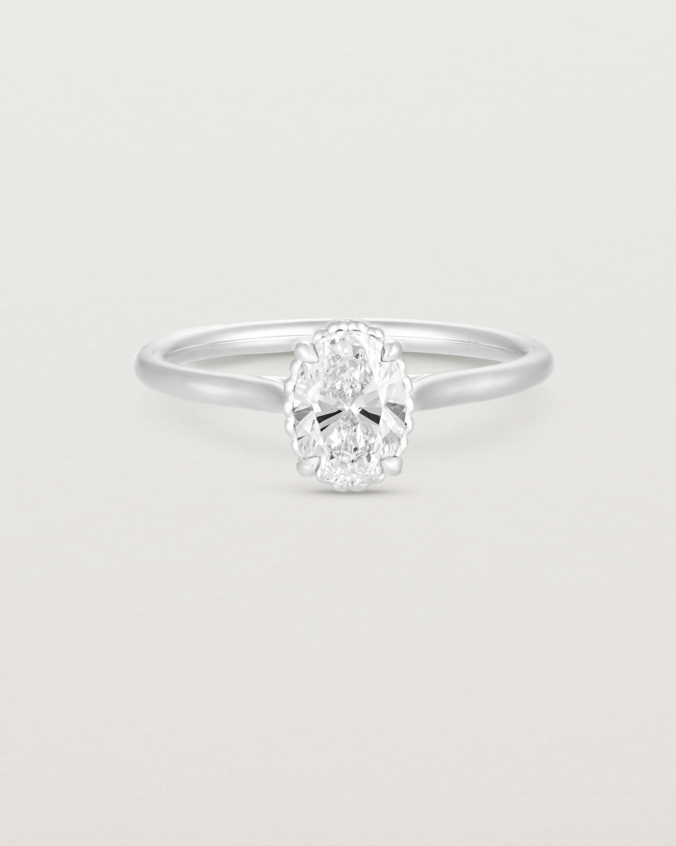A front view of the Thea Oval Solitaire with a white Laboratory Grown Diamond in White Gold