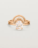 Front view of the Una Oval Solitaire | Morganite | Rose Gold stacked with the Evette Crown Ring.