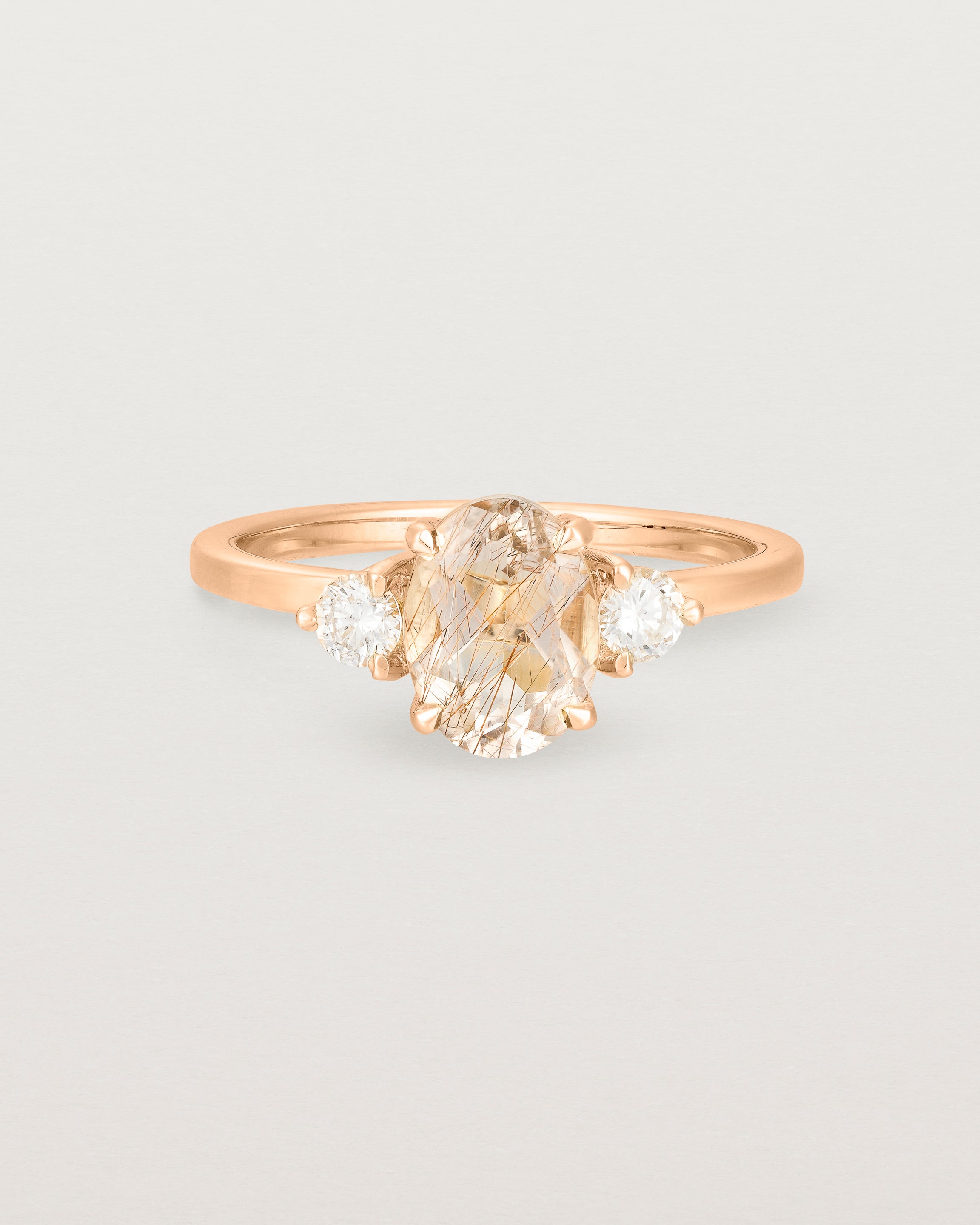 Front view of the Una Oval Trio Ring | Rutilated Quartz & Diamonds | Rose Gold.