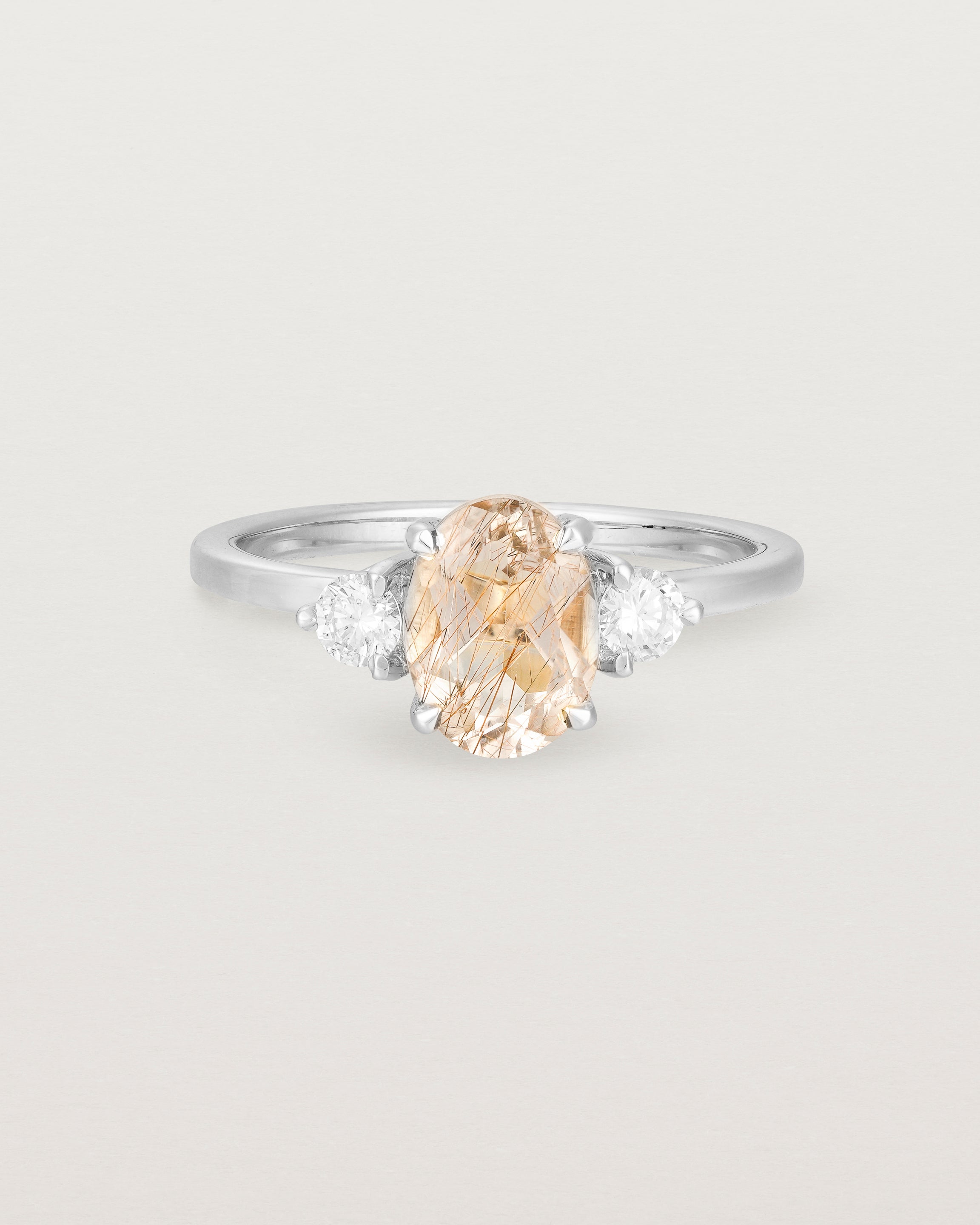 Front view of the Una Oval Trio Ring | Rutilated Quartz & Diamonds | White Gold.