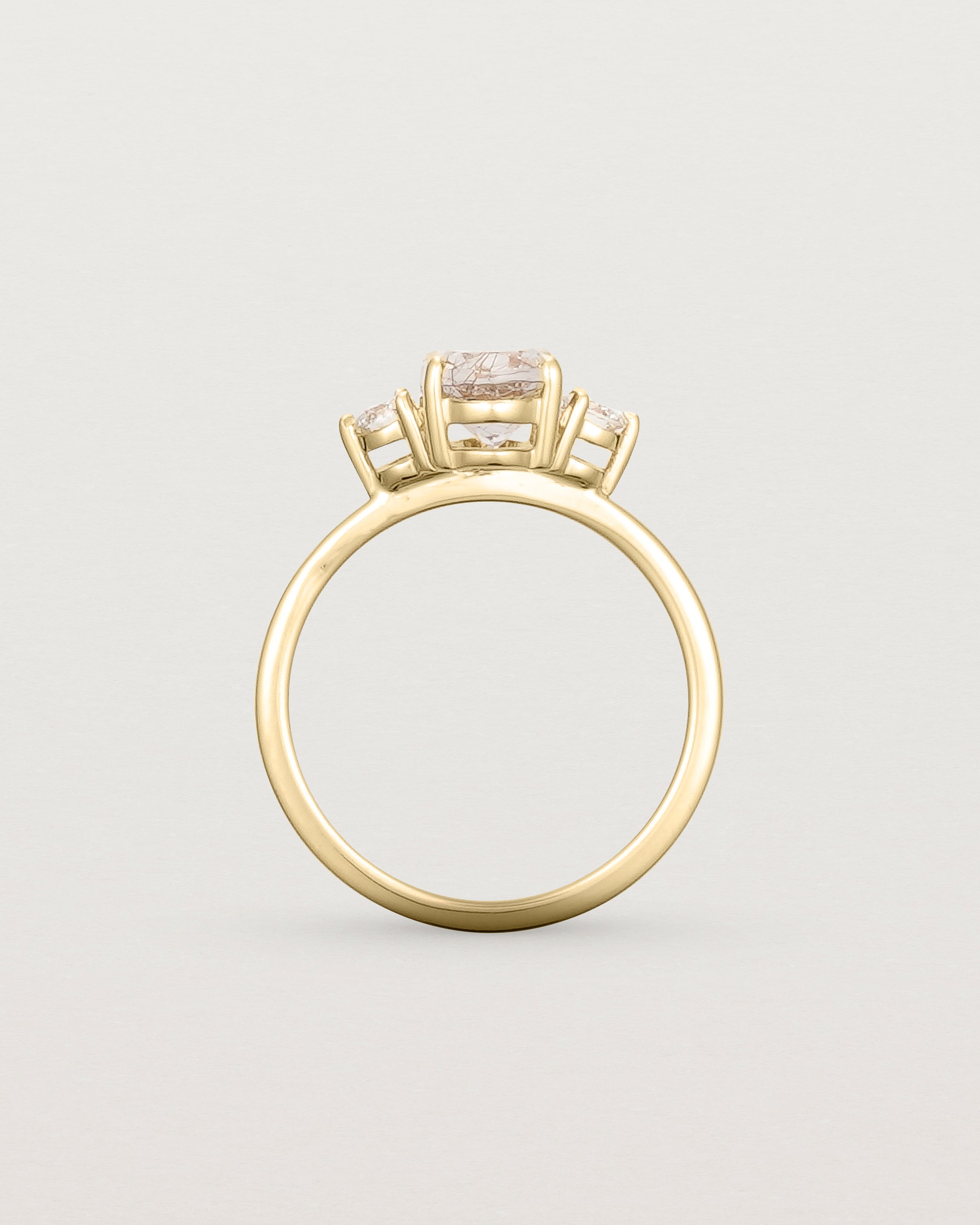 Standing view of the Una Oval Trio Ring | Rutilated Quartz & Diamonds | Yellow Gold.