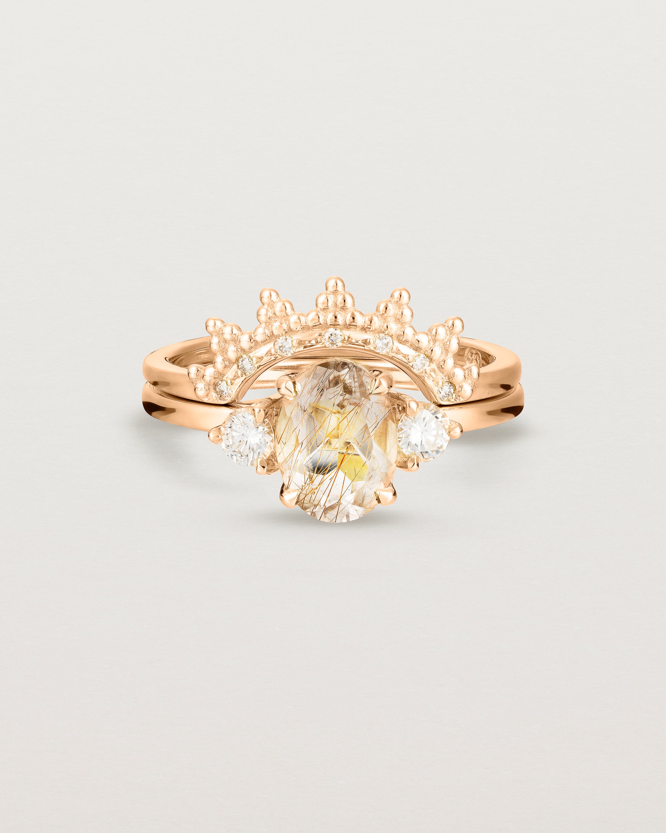Front view of the Una Oval Trio Ring | Rutilated Quartz & Diamonds | Rose Gold stacked with the Odine Crown Ring | Diamonds.