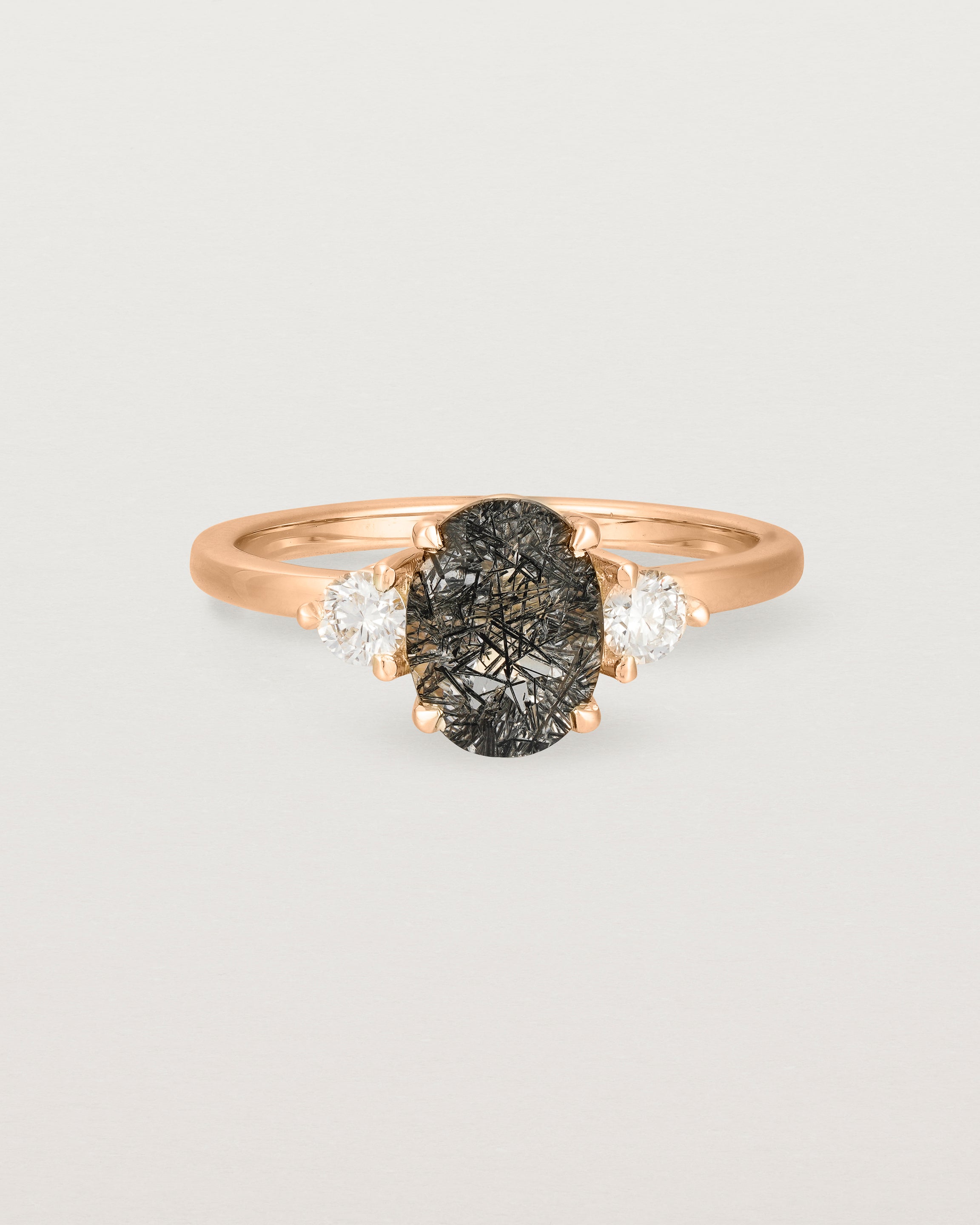 Front view of the Una Oval Trio Ring | Tourmalinated Quartz & Diamonds | Rose Gold.