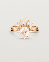 Front view of the Una Pear Solitaire | Morganite | Rose Gold stacked with the Camille Crown Ring | Diamonds.