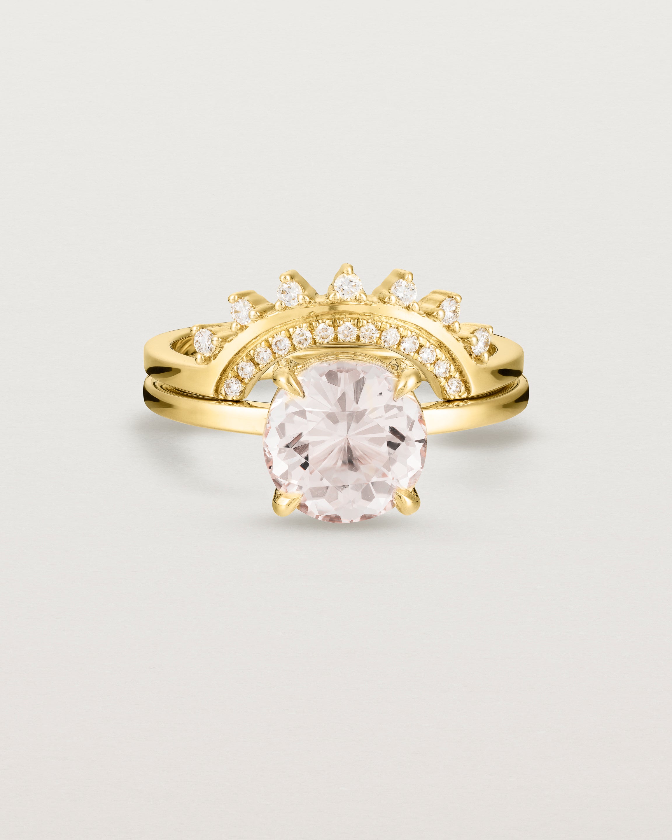 Front view of the Una Round Solitaire | Morganite | Yellow Gold stacked with the Adeline Crown Ring.