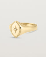 Angled view of the Willow Millgrain Signet Ring | Birthstone in yellow gold.
