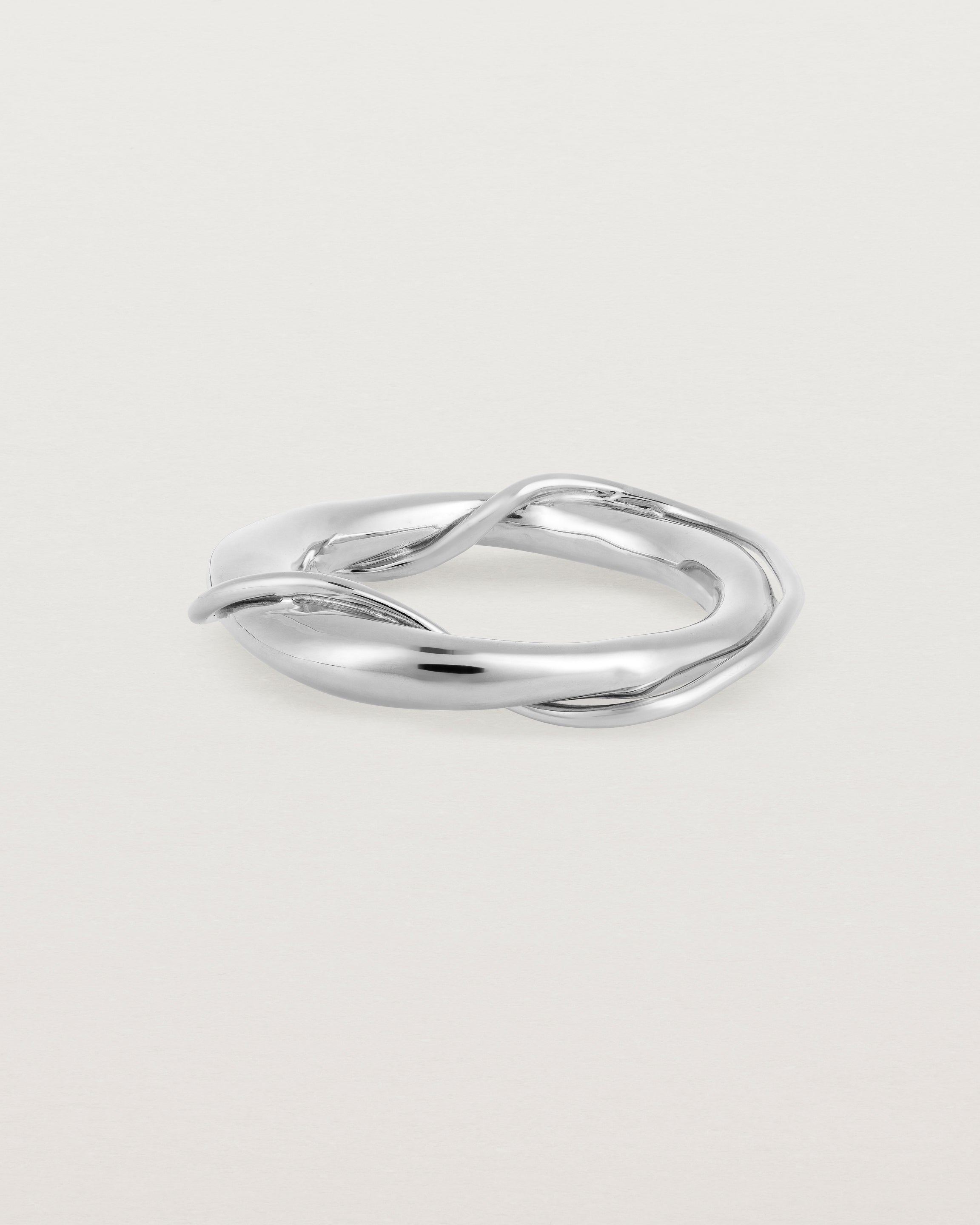 A silver ring featuring two entwined metal bands