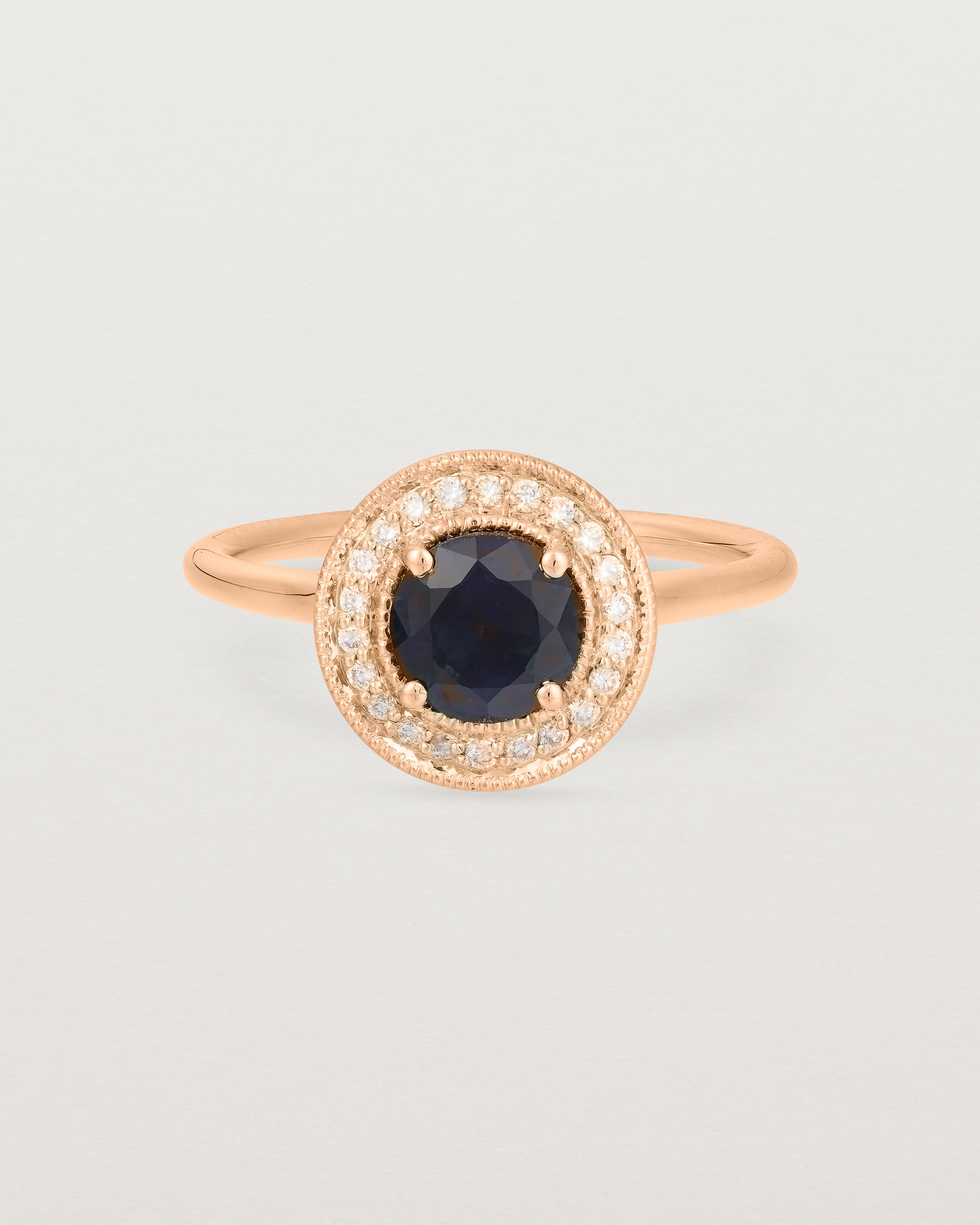 Front view of Imogen Halo Ring | Australian Sapphire & Diamonds in Rose Gold.