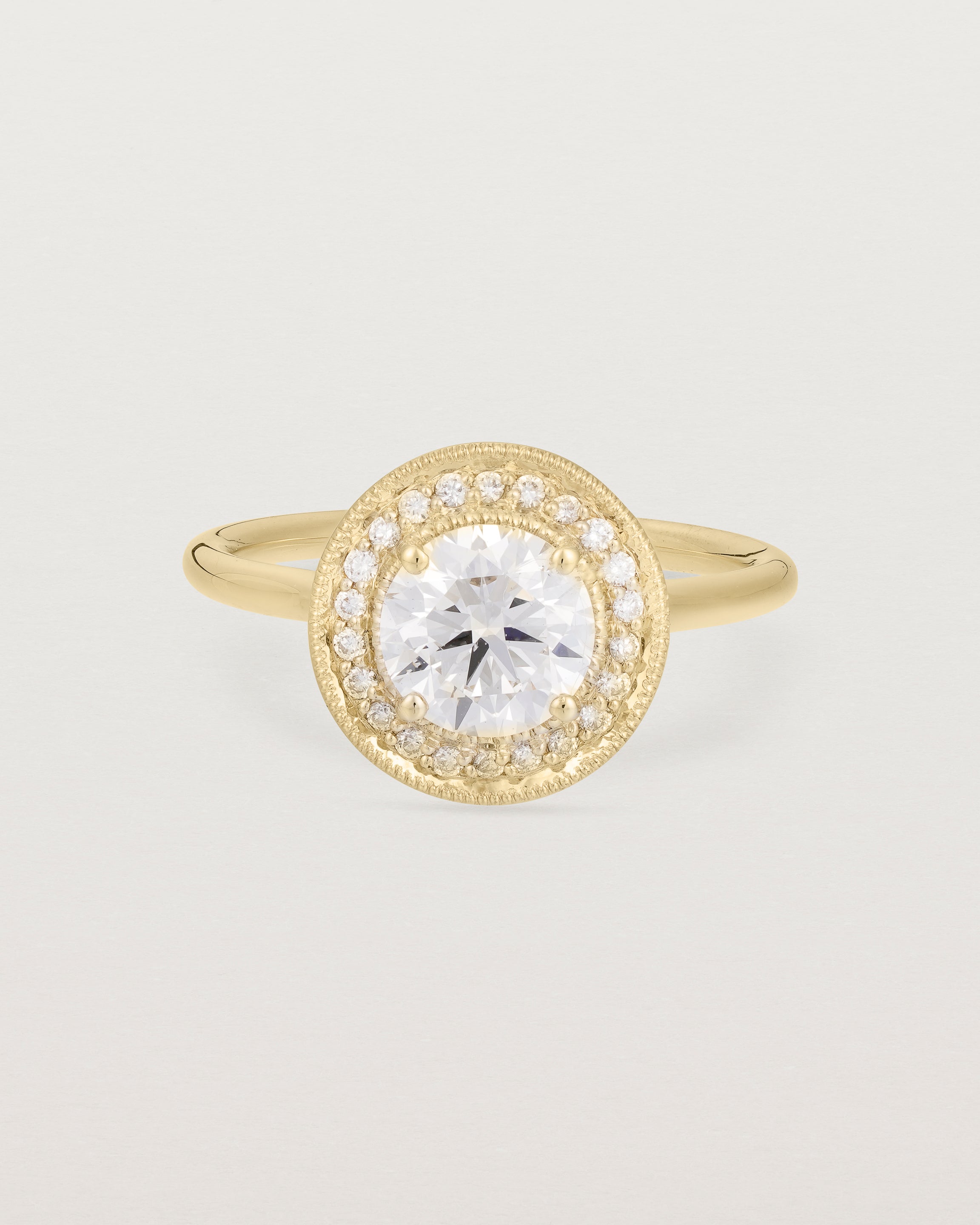 Front view of the Imogen Halo Ring | Laboratory Grown Diamonds in Yellow Gold.
