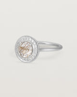 Angled view of the Imogen Halo Ring | Rutilated Quartz & Diamonds in White Gold.