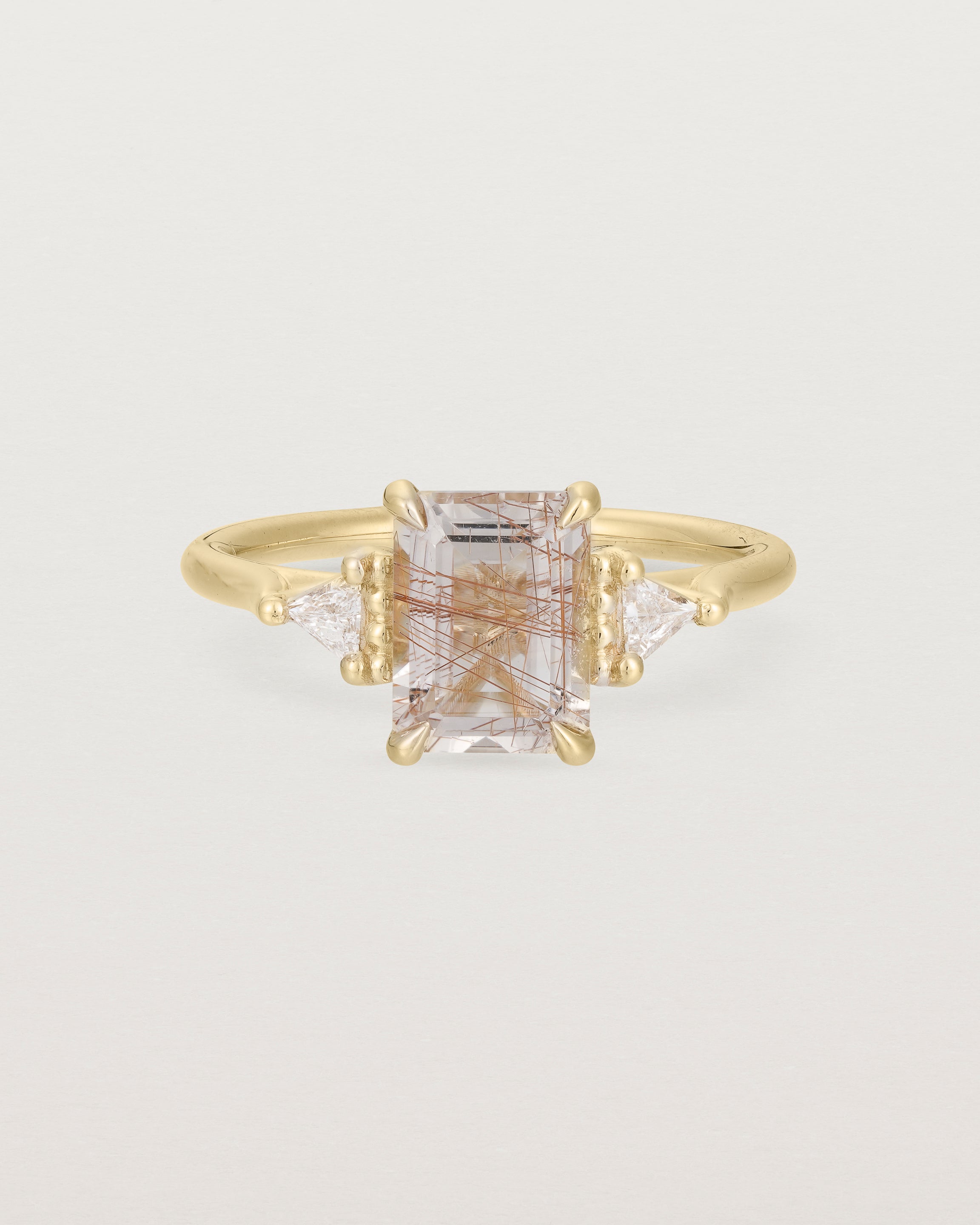 Front view of the Lille Ring | Rutilated Quartz & Diamonds | Yellow Gold. 
