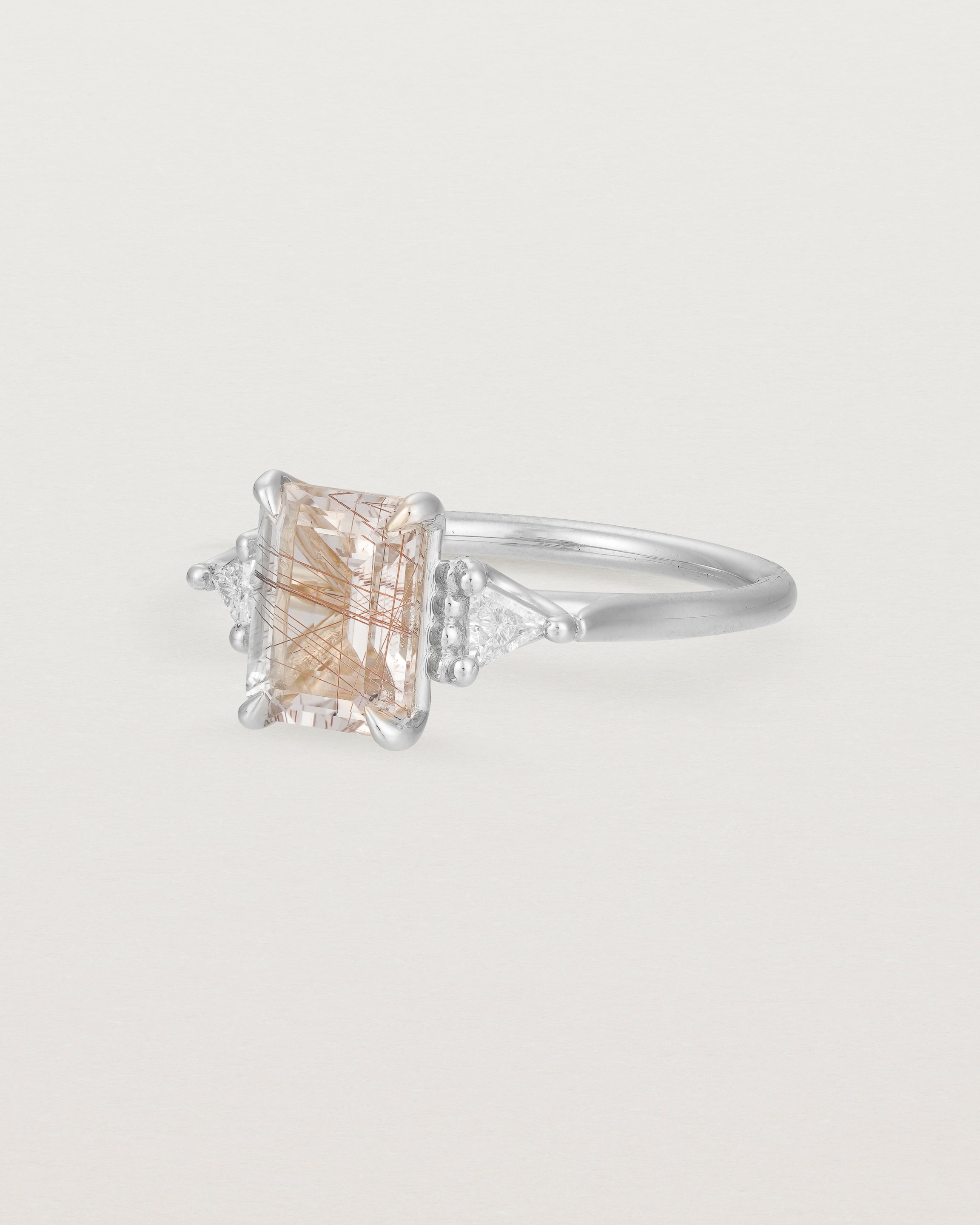 Angled view of the Lille Ring | Rutilated Quartz & Diamonds | White Gold. 