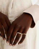 Diamond bands adorned by a model, from a round wrap ring to a star set diamond band