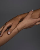 Two hands holding each other, both wearing the Anam Charm bracelet. 