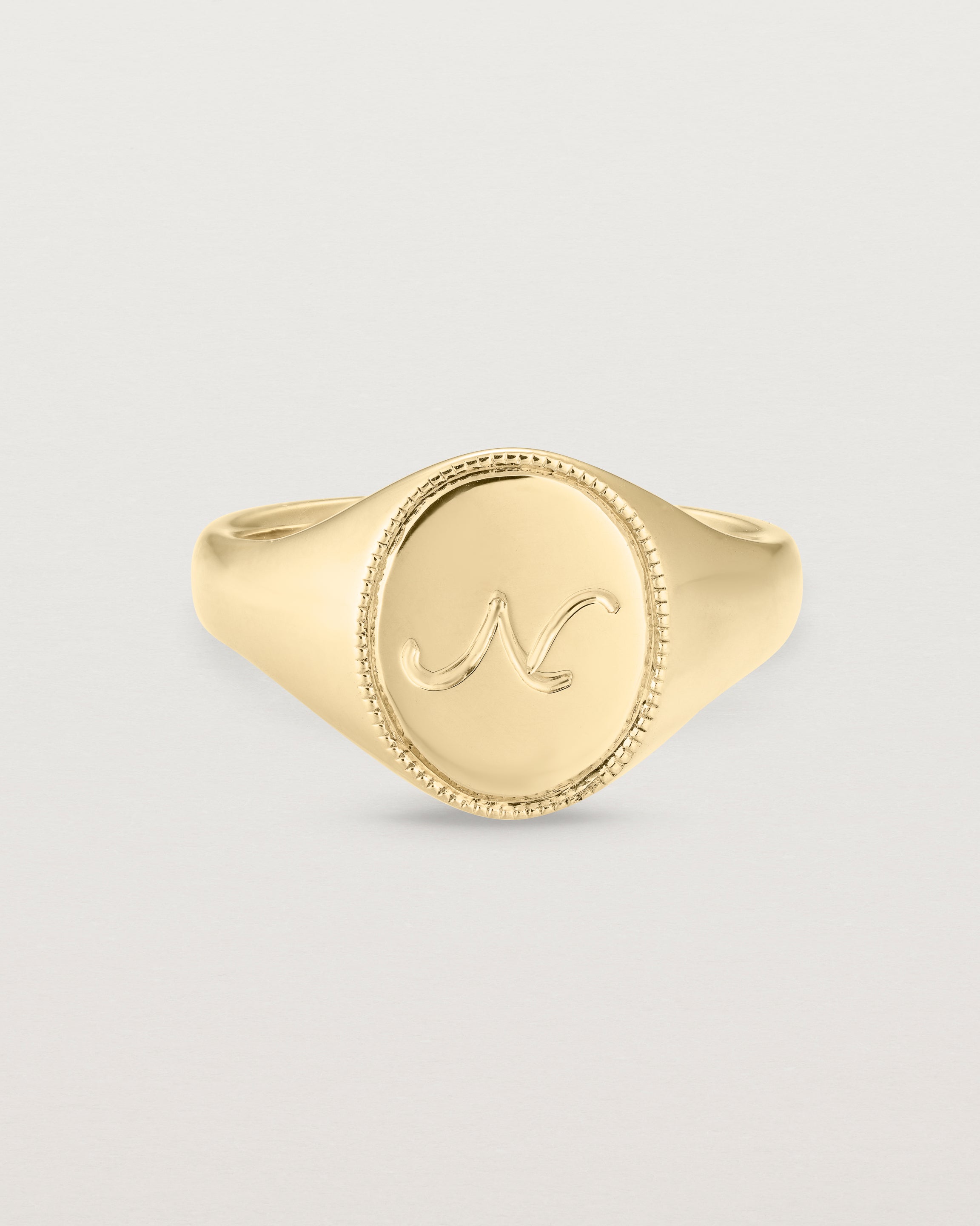 Front view of the Arden Signet Ring | Millgrain in yellow gold.