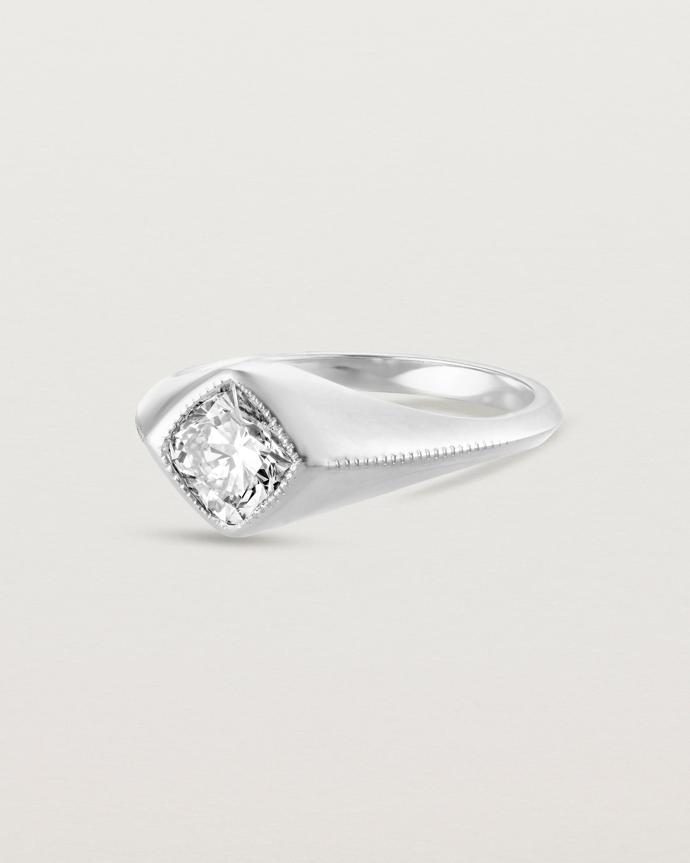 Angled view of the Átlas Cushion Signet | Laboratory Grown Diamond in white gold.