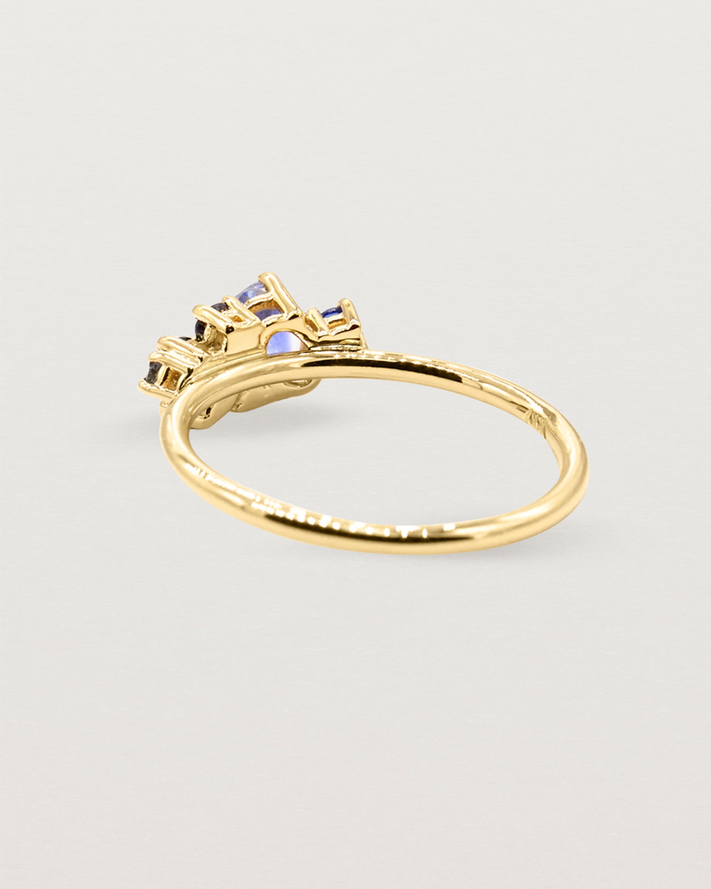 Back view of a diamond and sapphire cluster ring, featuring oval marquise and round stones, crafted in 18ct yellow gold