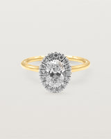 A 0.70ct oval cut diamond is adorned with a sparkling white diamond halo crafted in both yellow gold and white gold 