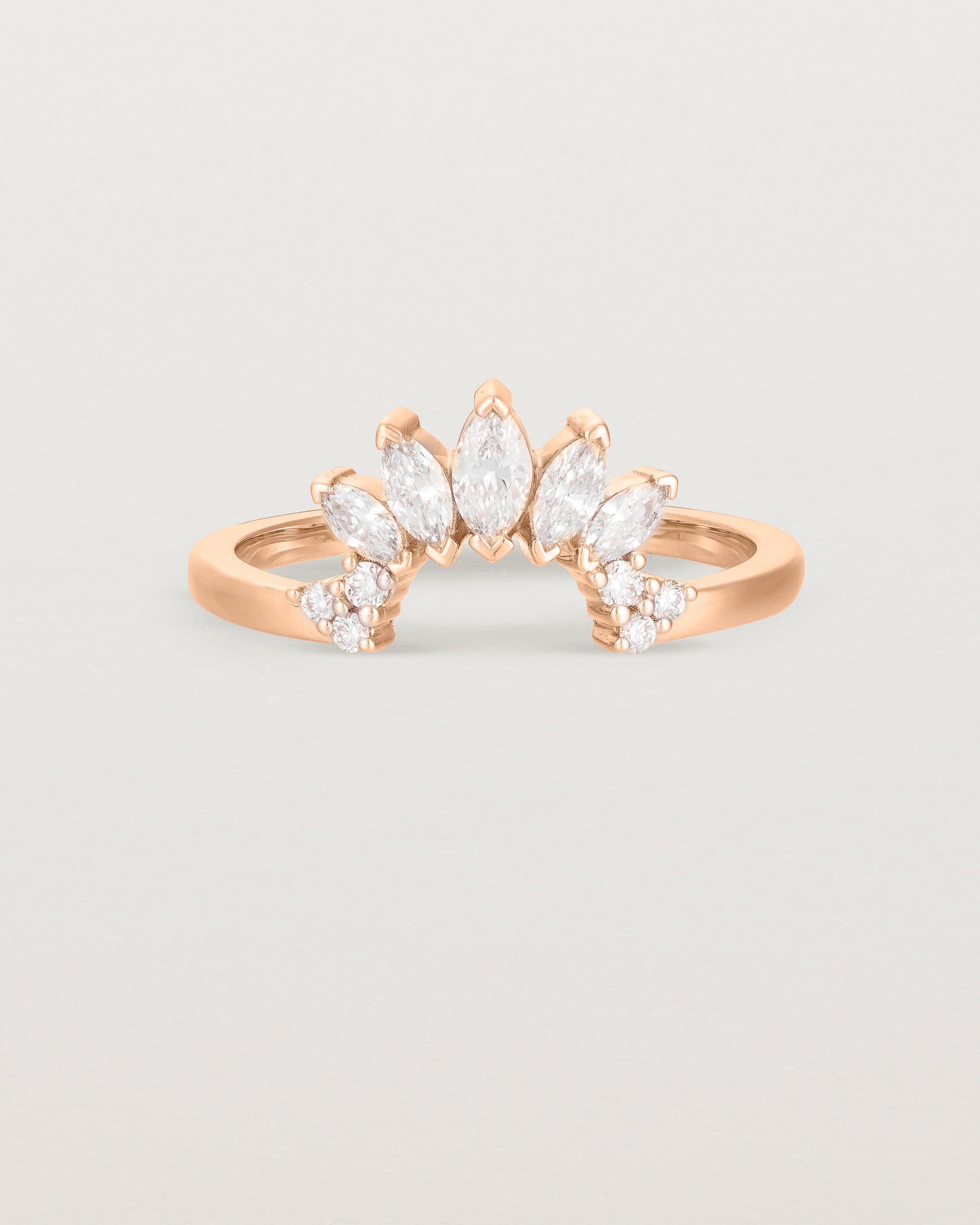 Fit two of a white diamond, sun-beam inspired crown ring crafted in rose gold