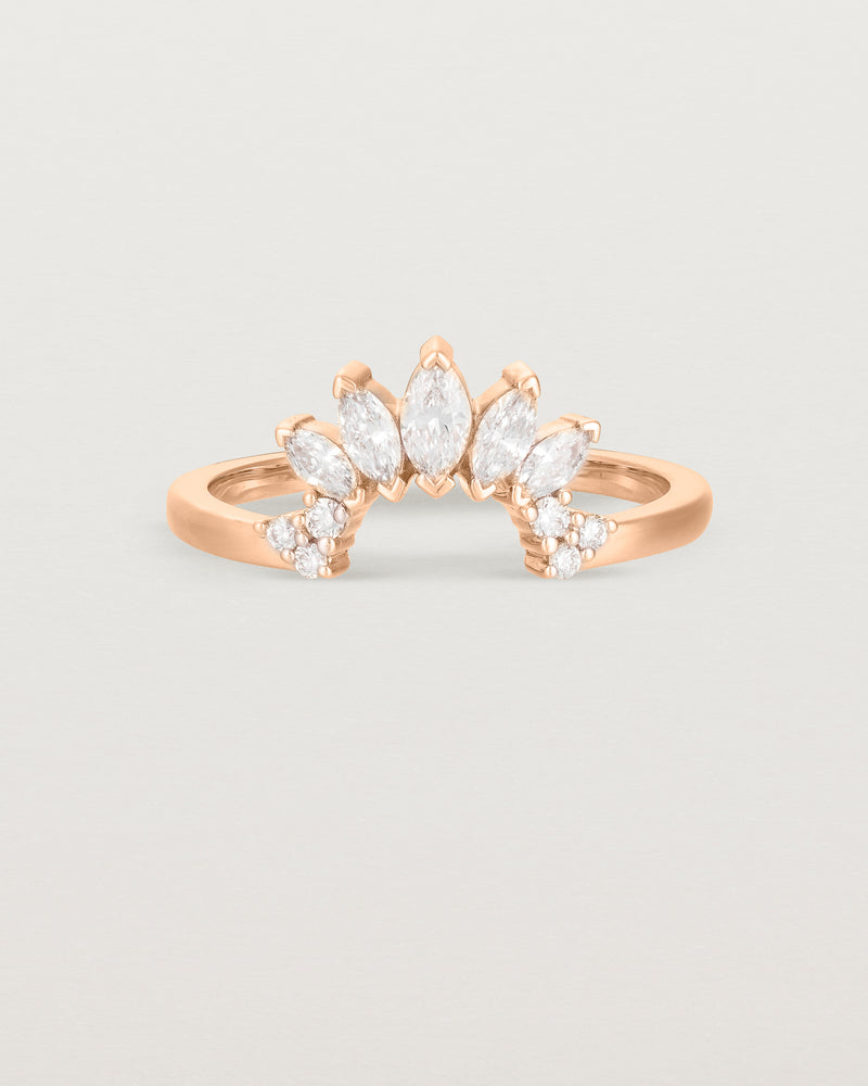 Fit two of a white diamond, sun-beam inspired crown ring crafted in rose gold