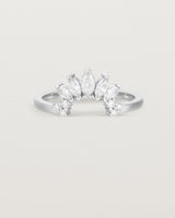 Fit two of a white diamond, sun-beam inspired crown ring crafted in white gold