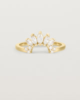 Fit two of a white diamond, sun-beam inspired crown ring crafted in yellow gold