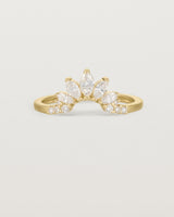 Size three of a sun-bream inspired white diamond crown ring, crafted in yellow gold