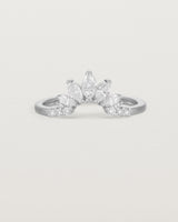 Size three of a sun-bream inspired white diamond crown ring, crafted in white gold